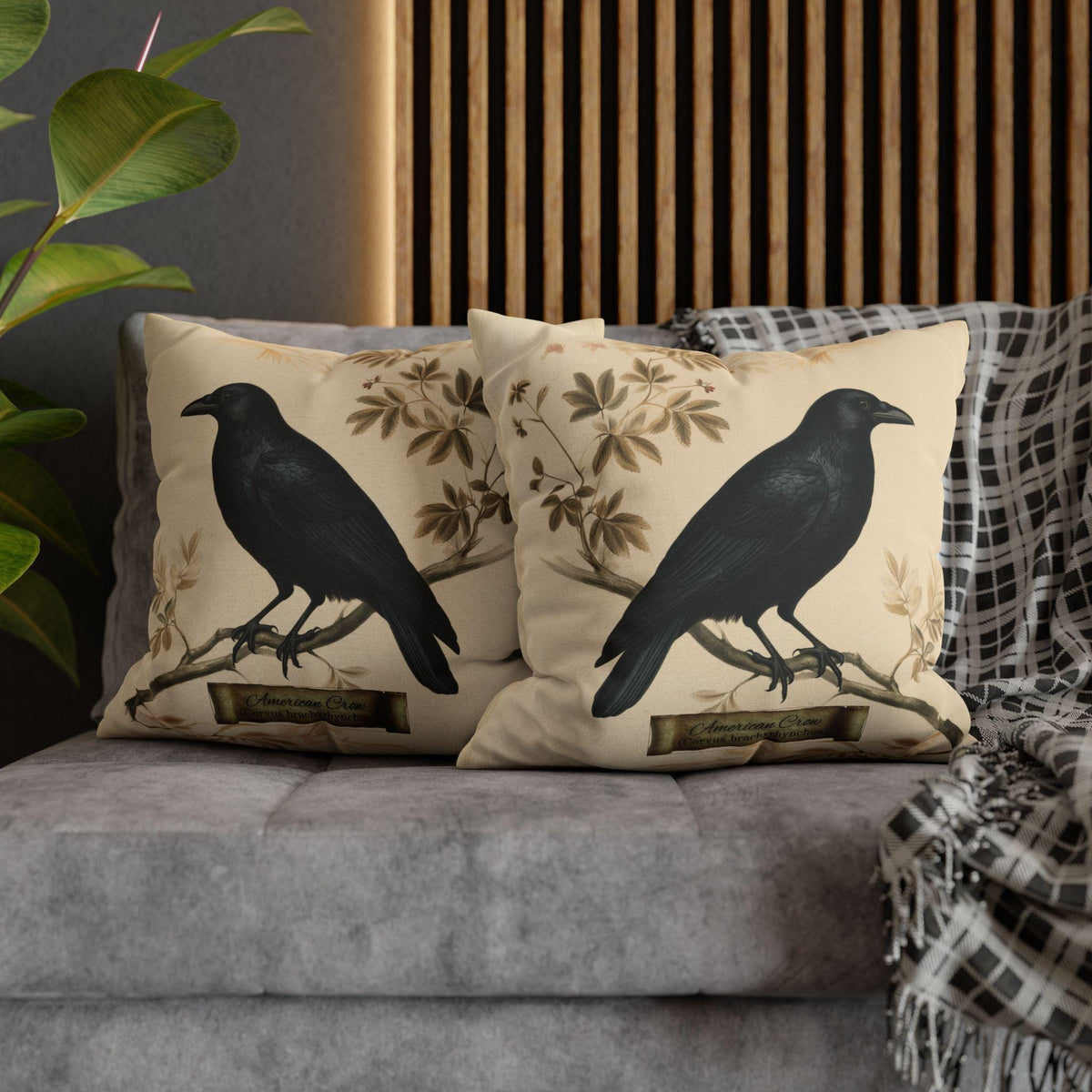 Halloween Crow Pillow Cover: Vintage Style Scientific Bird Illustration