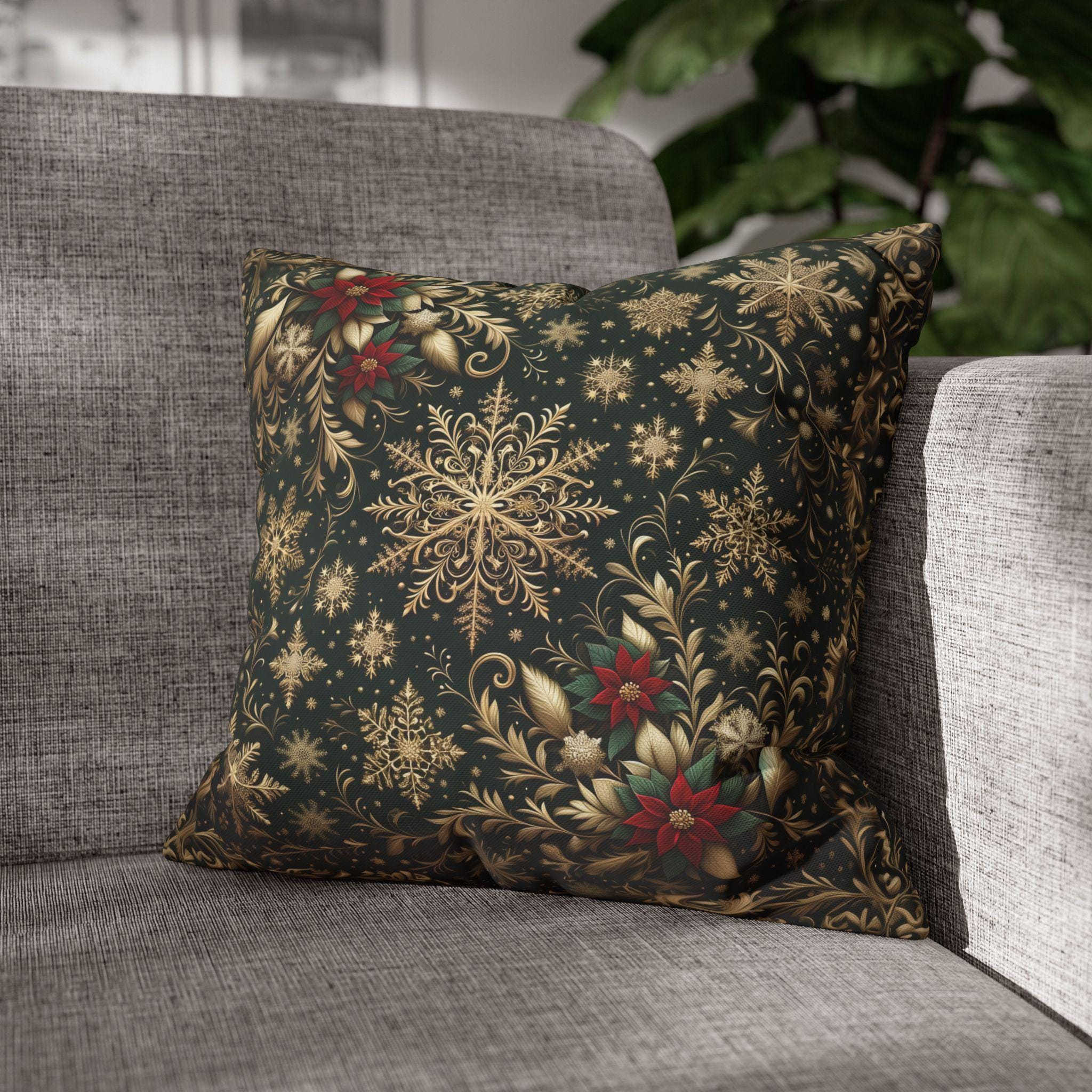 Poinsettia Christmas Pillow Cover: Gold Snowflakes on Emerald Green
