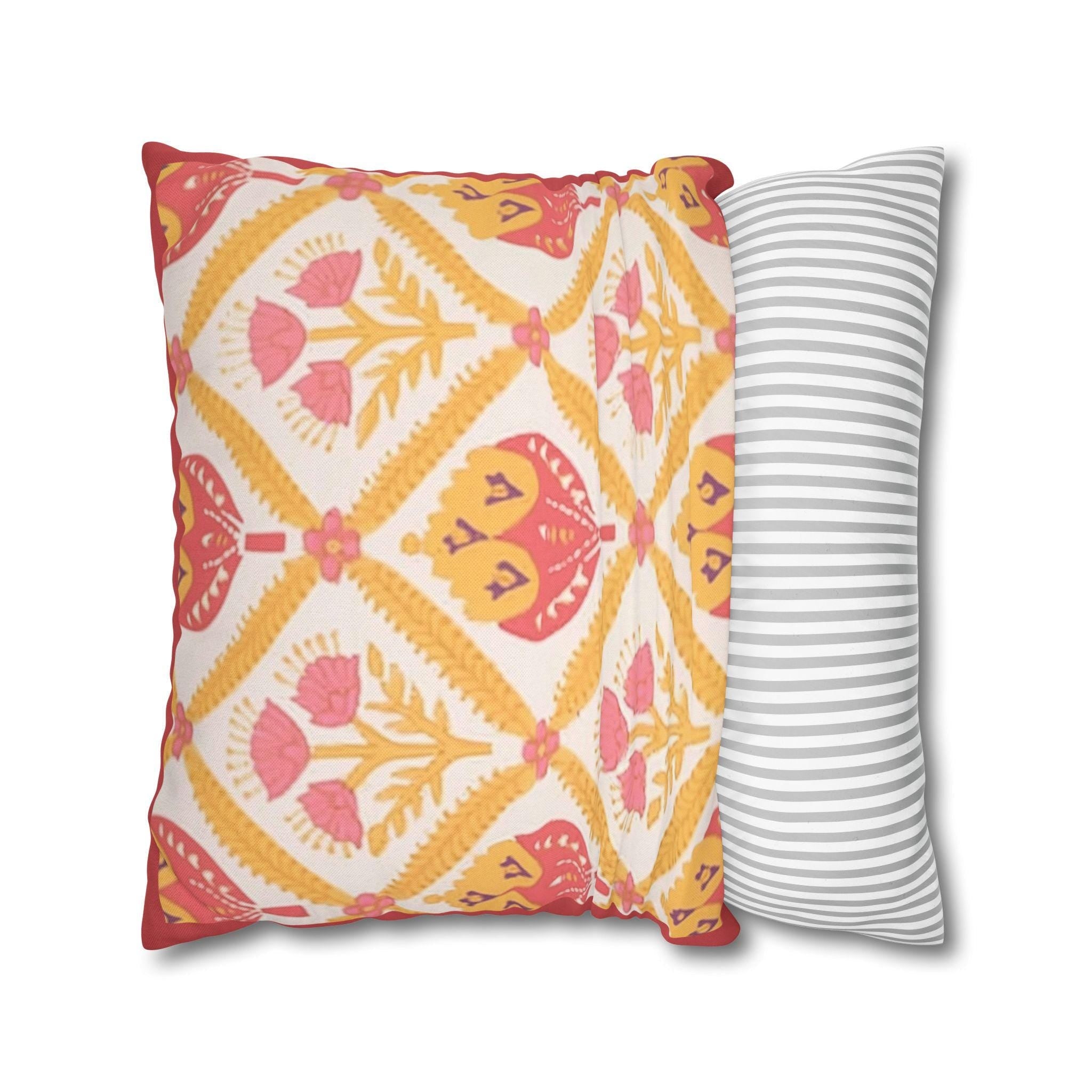 Reversible Floral Pillowcase: Pink & Coral Blossoms with Diamond Lattice - Decorative Home Accent Gift