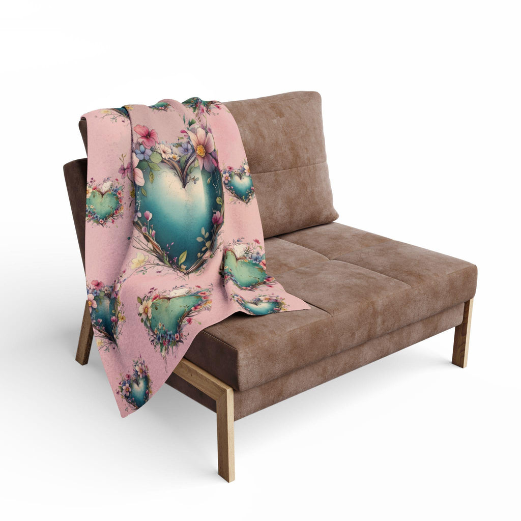 Romantic Floral Heart Wreath Fleece Blanket: Teal & Blush Pink Throw for Cozy Home Decor