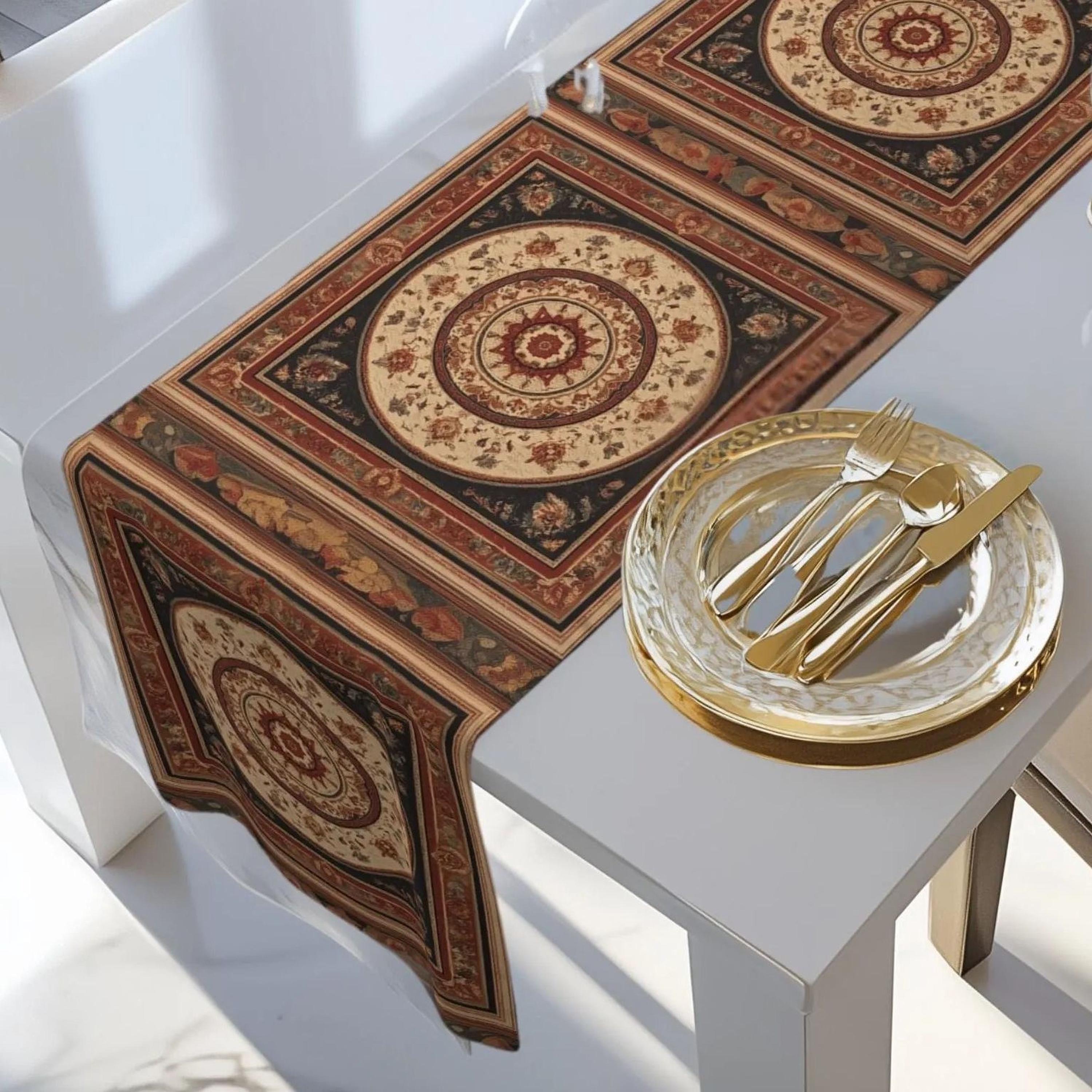 Persian Table Runner: Inspired by Antique Medallion Rug Design in Warm Rust and Cream
