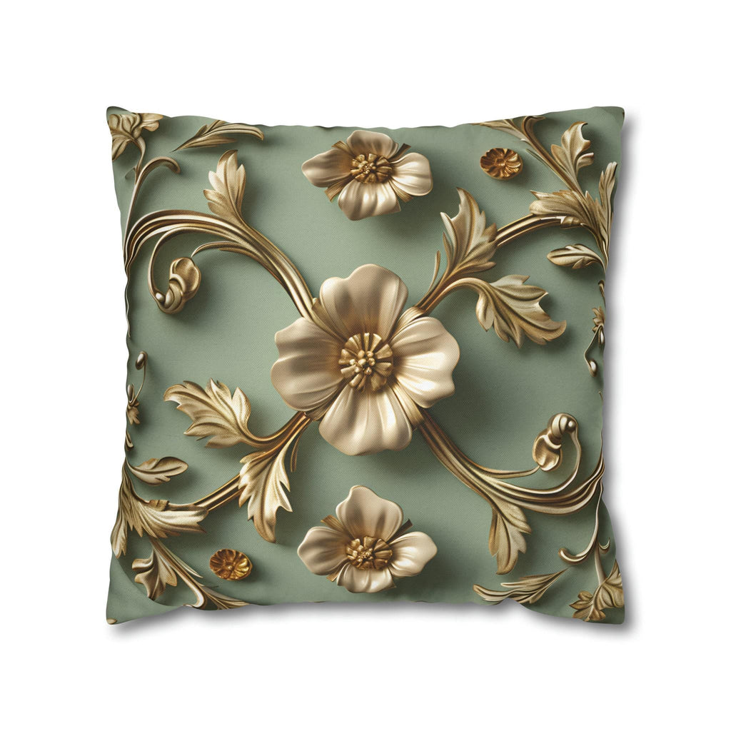 Vintage Style Floral Pillow Cover: Taupe Gold 3D Design on Sage Green