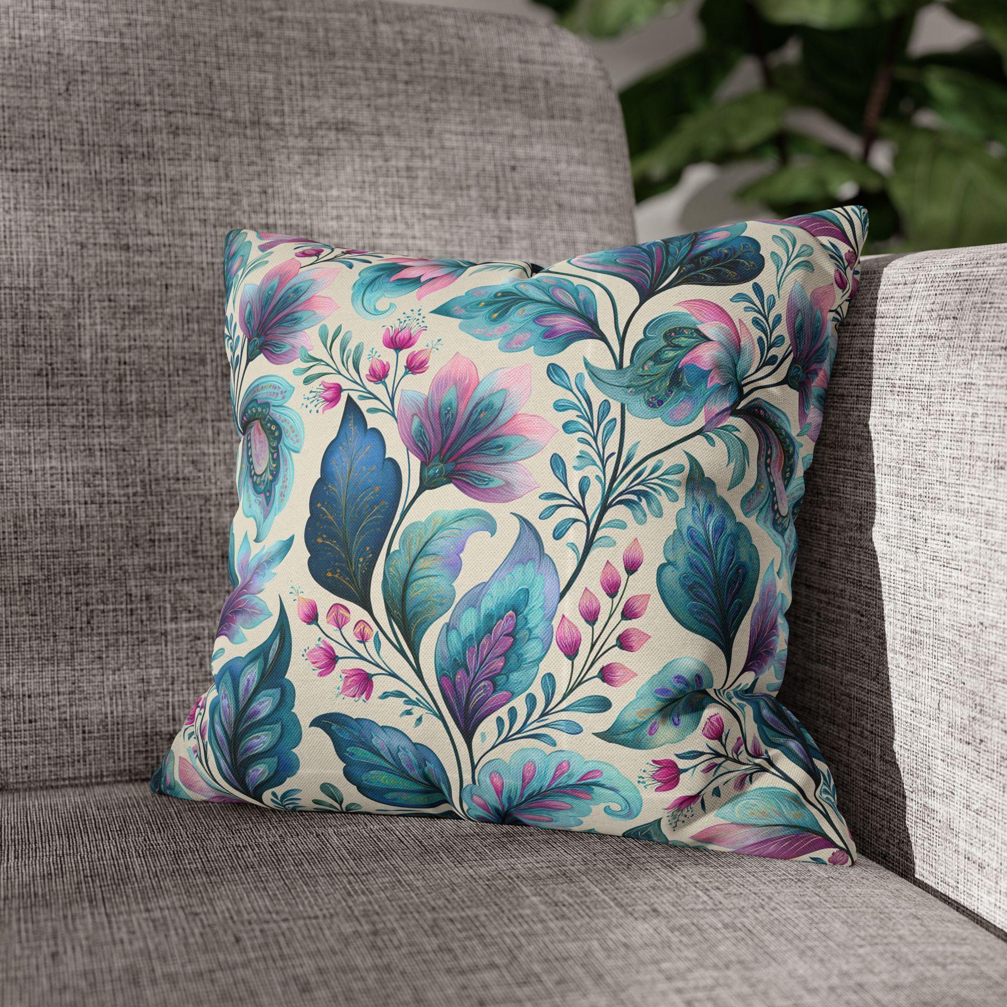 Botanical Paisley Pillow Cover: Watercolor Jewel Tone in Teal, Aqua, Violet and Pink