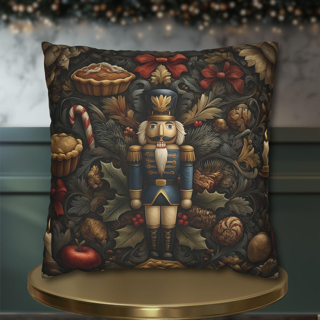 William Morris Nutcracker Pillow Cover: Woodland Holly & Pinecone Holiday Design
