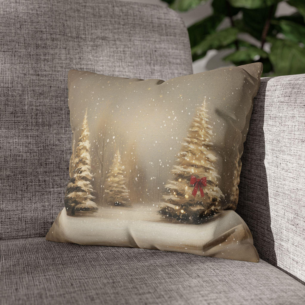Snowy Golden Christmas Pillow Cover: Flocked Pine Tree Illustration on Square Cushion Case