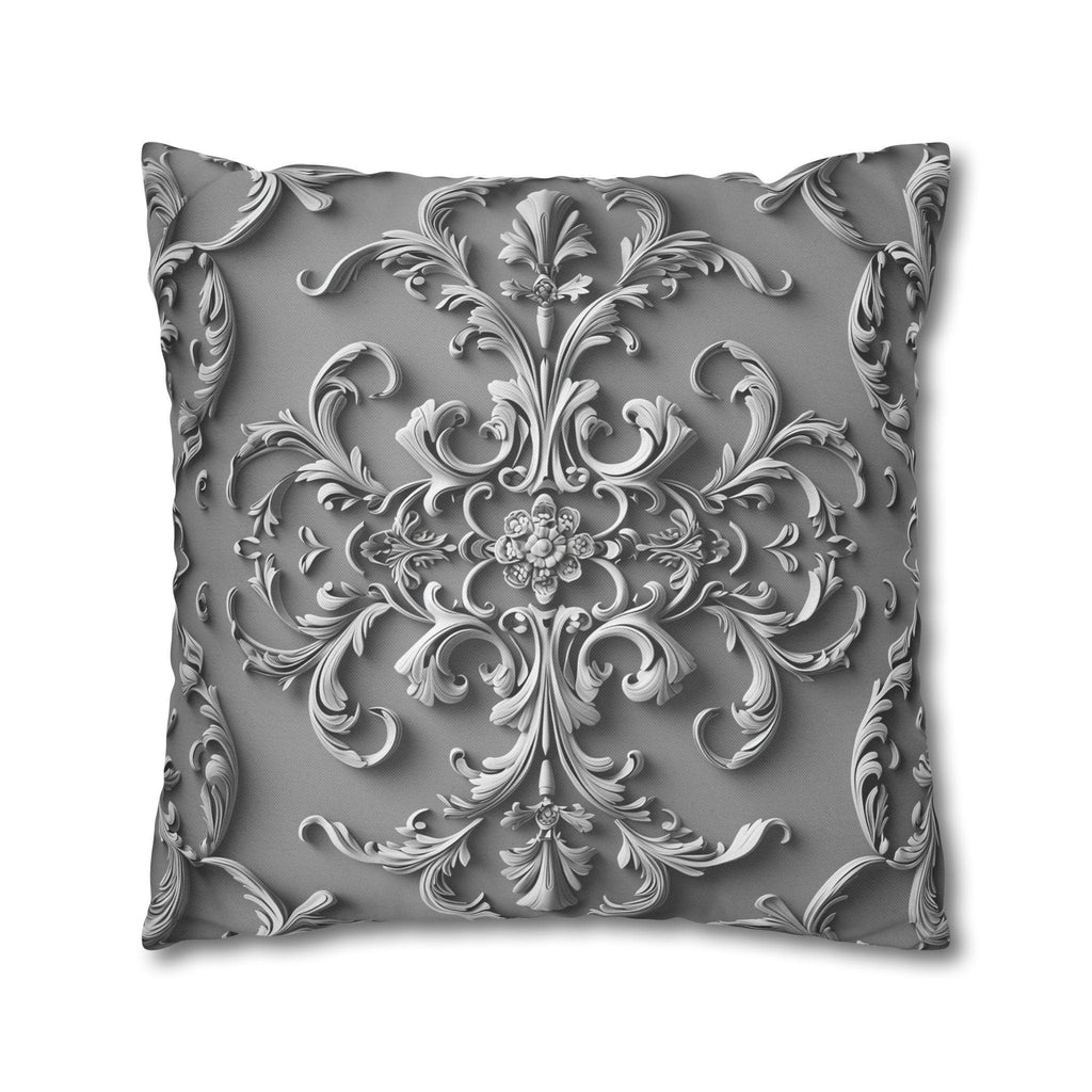 Elegant Silver Grey Baroque Floral Pillow Cover - Monochromatic Symmetrical Design for Classic Decor