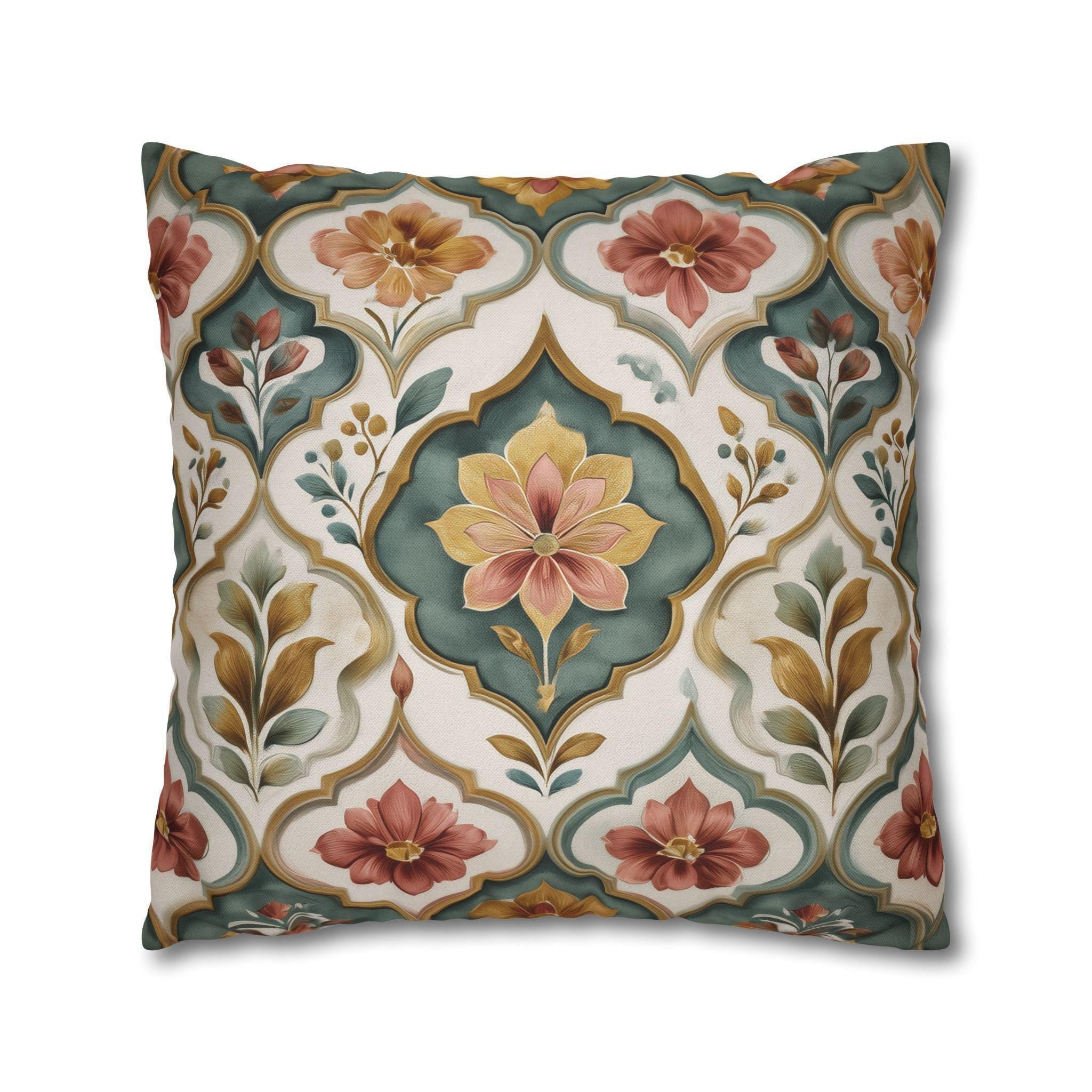 Moroccan Floral Pillow Cover: Teal, Terracotta, Gold Medallion Design