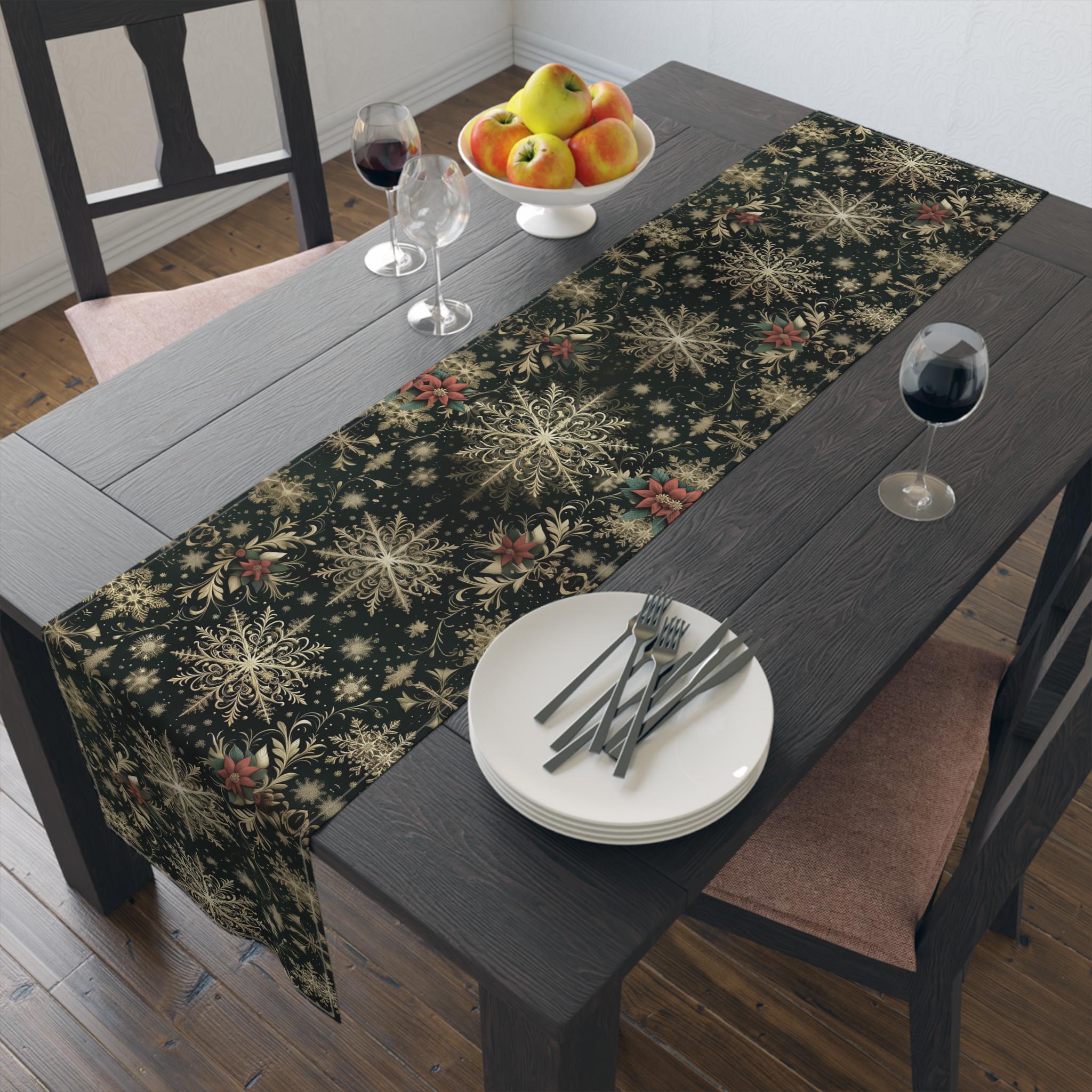 Emerald Christmas Table Runner: Elegant Gold Snowflake and Poinsettia Design for Festive Dining Decor