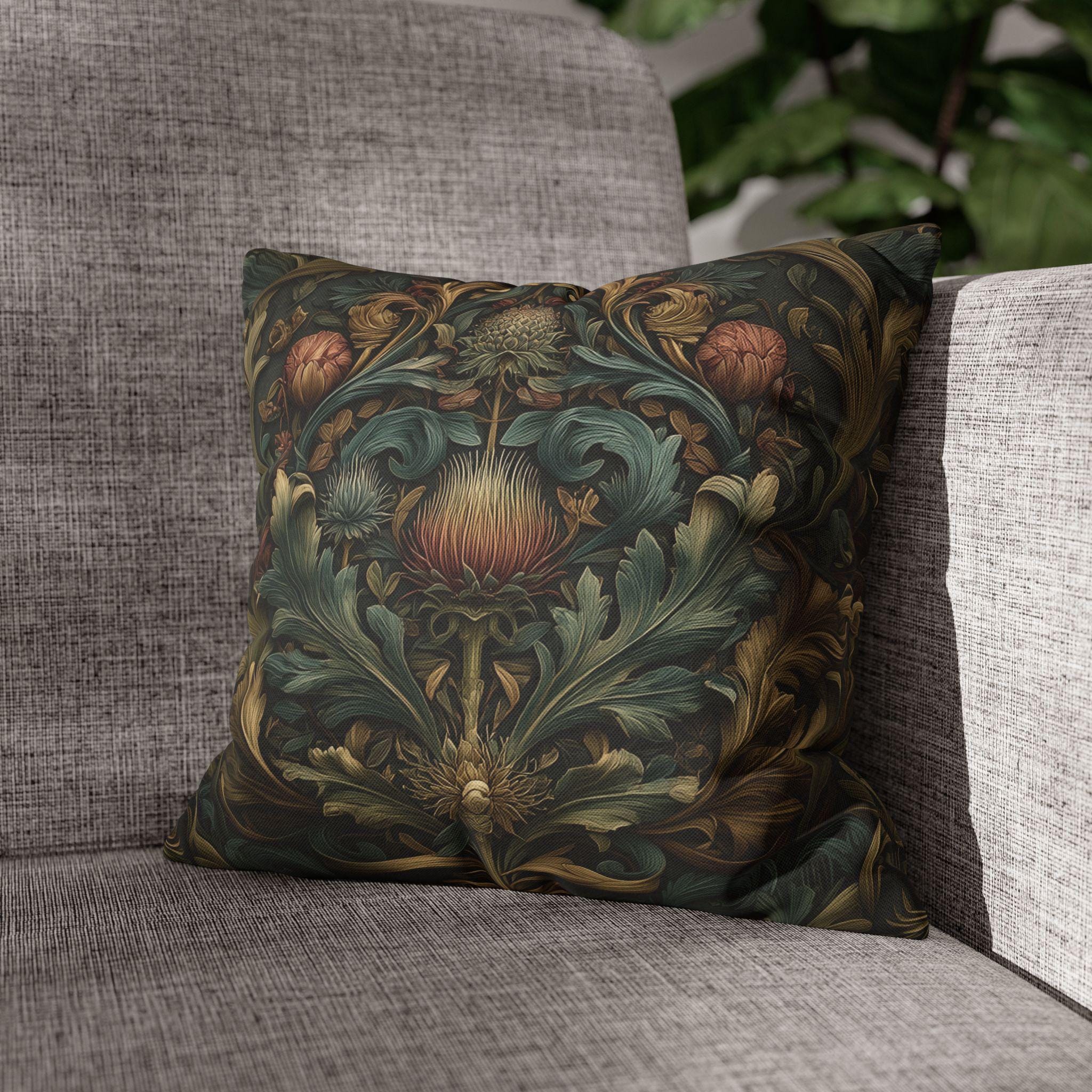 Midnight Morris Pillow Cover: Arts and Crafts Moody Blooms for Autumn