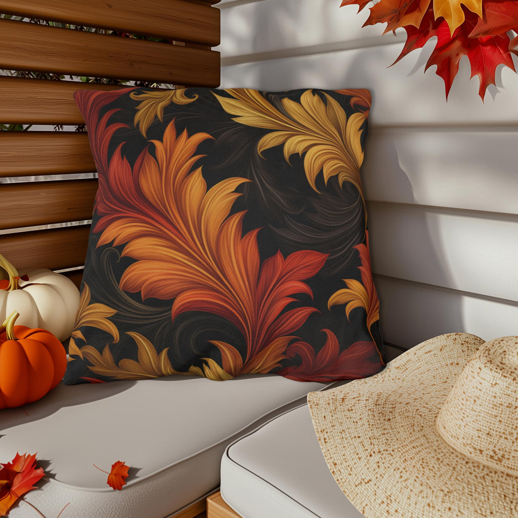 Autumn Leaf Outdoor Pillow: Red, Gold, Black - Weather Resistant