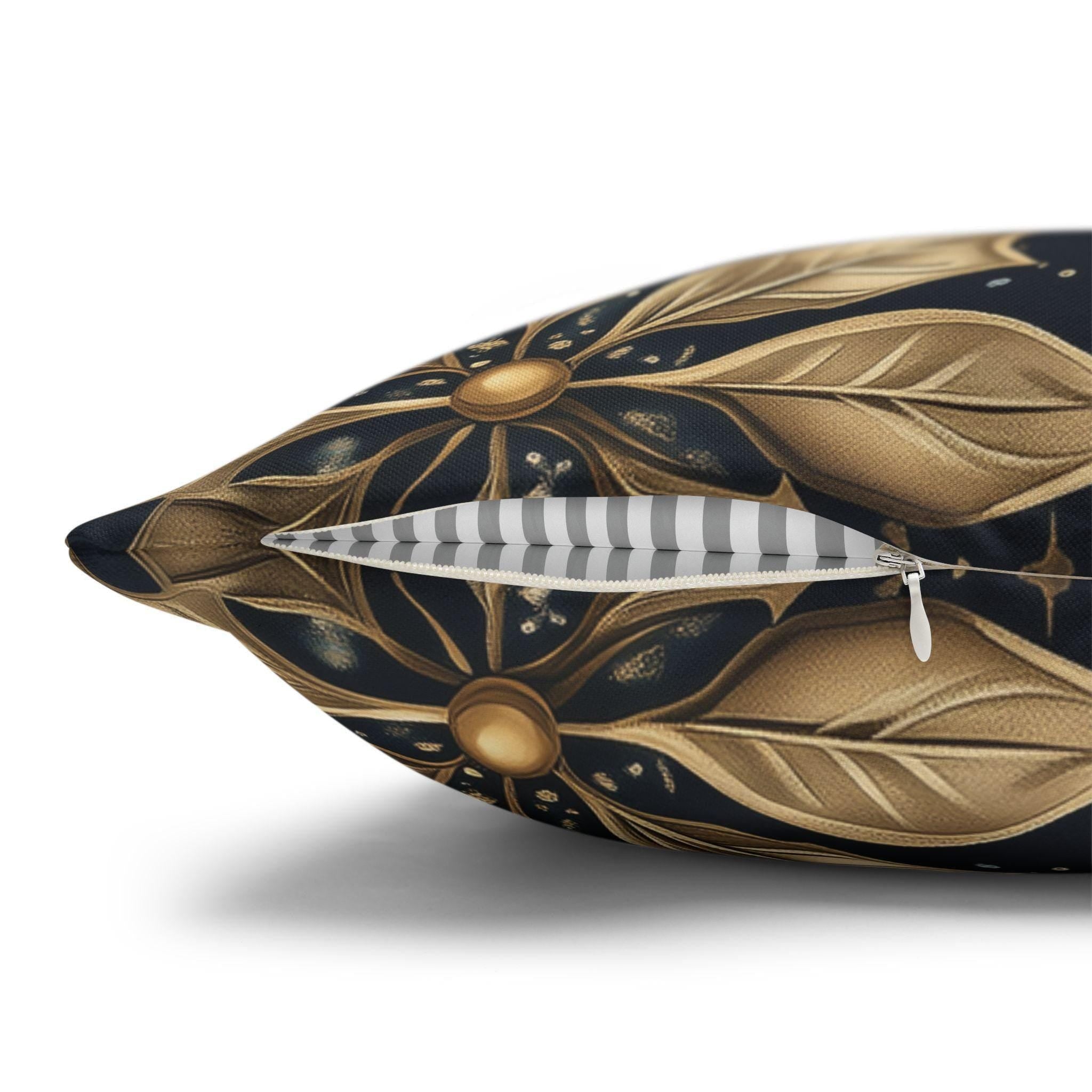 Elegant Poinsettia and Snowflake Pillow Cover | Holiday Decor | Gold Accents on a  Navy Blue Background