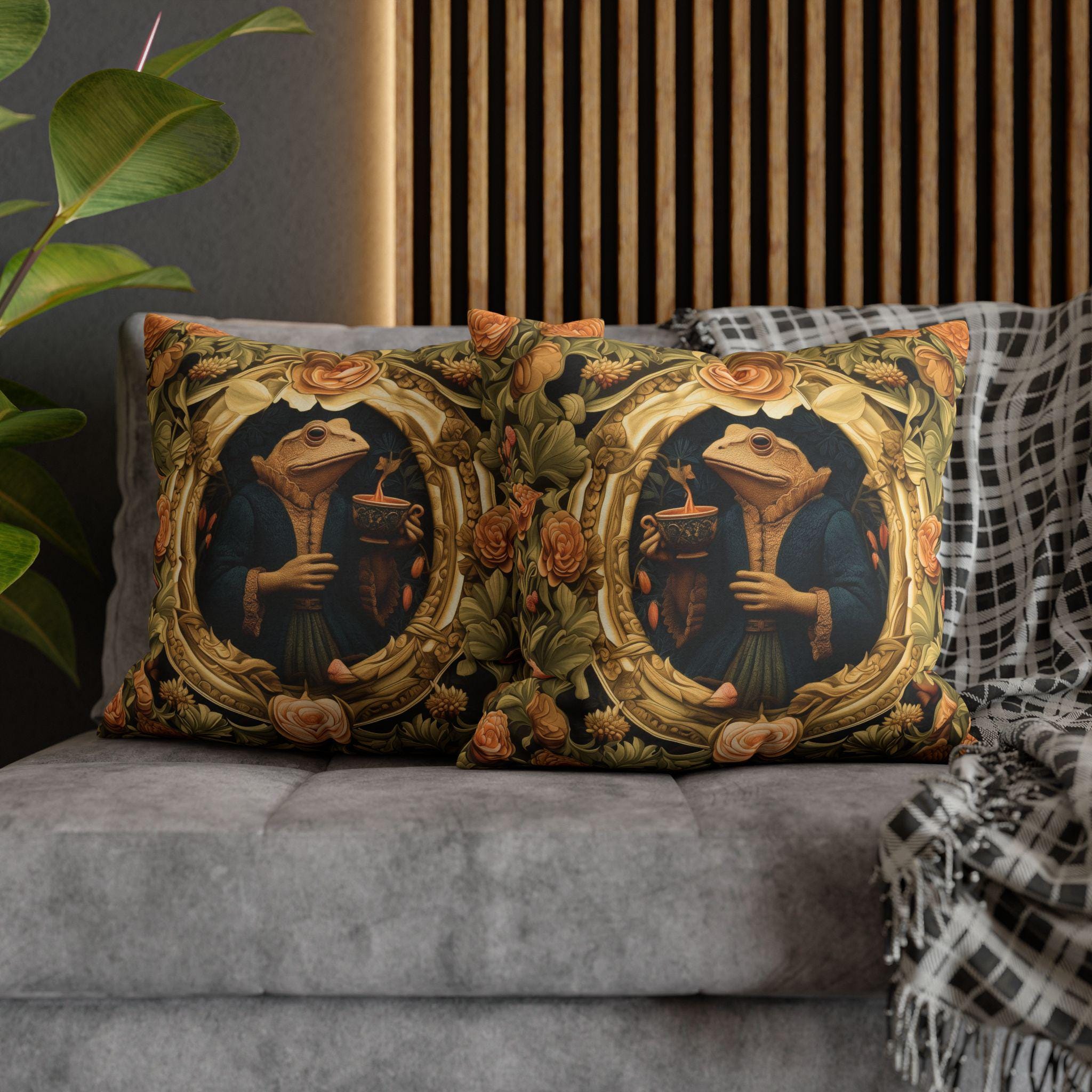 Ms. Martha Spills the Tea: William Morris Inspired Whimsical Frog Pillow Cover