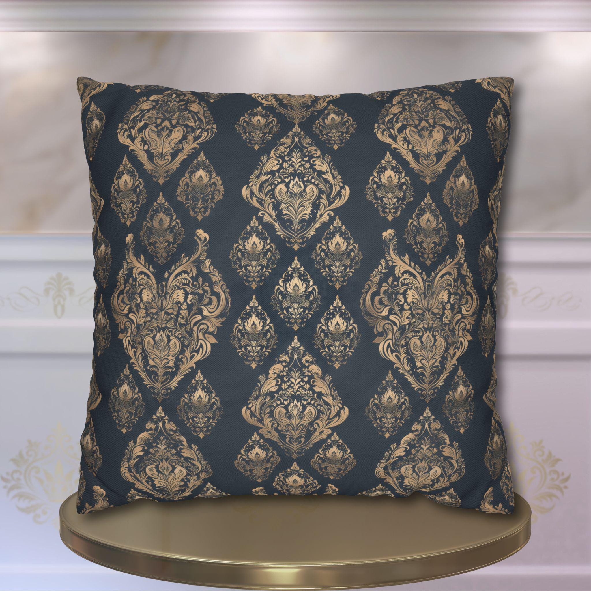 Elegant Baroque Damask Pillow Cover: Charcoal Gray & Gold Vintage Accent for Luxurious Home Decor