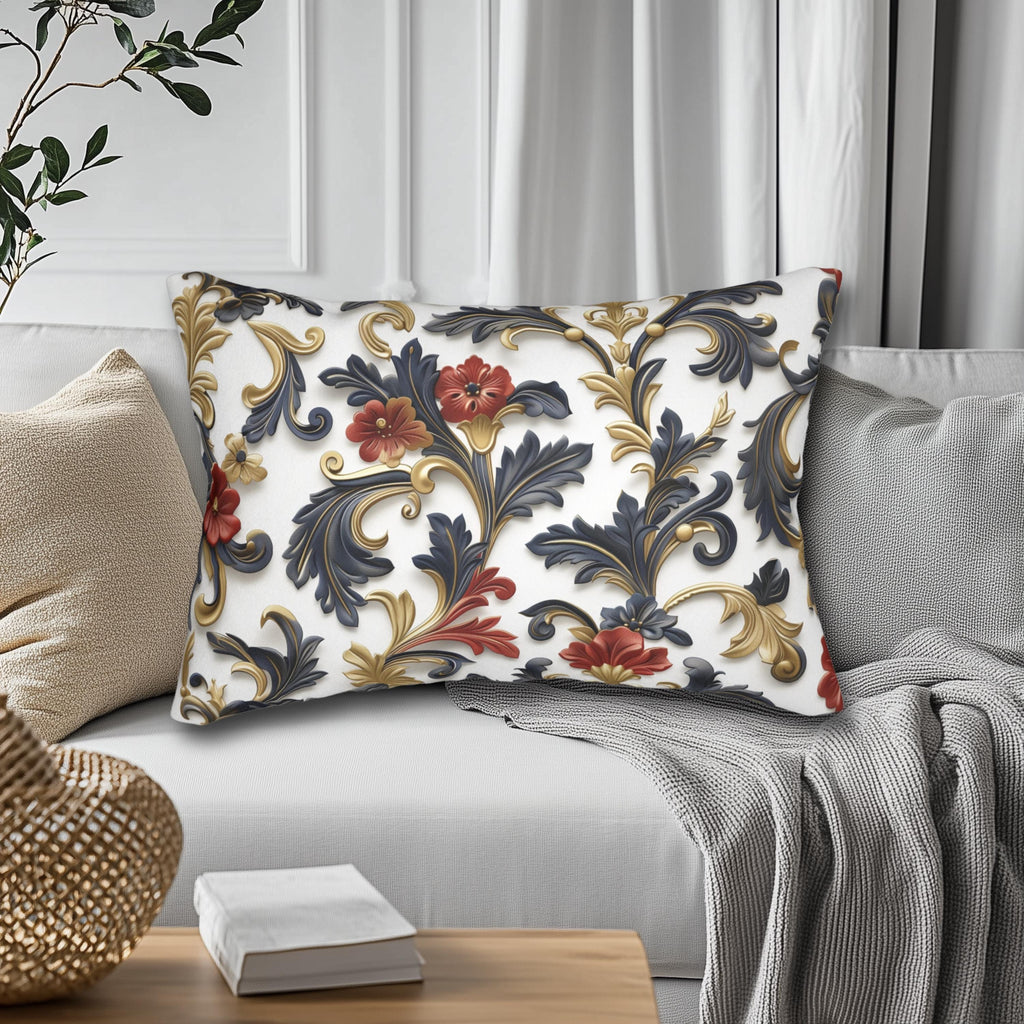 Baroque Inspired Lumbar Pillow | Luxurious Navy Blue, Gold, and Red Floral Design | White Background