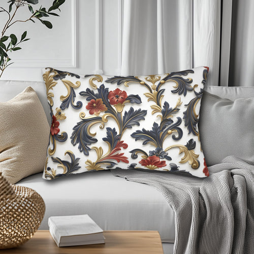 Baroque Inspired Lumbar Pillow | Luxurious Navy Blue, Gold, and Red Floral Design | White Background