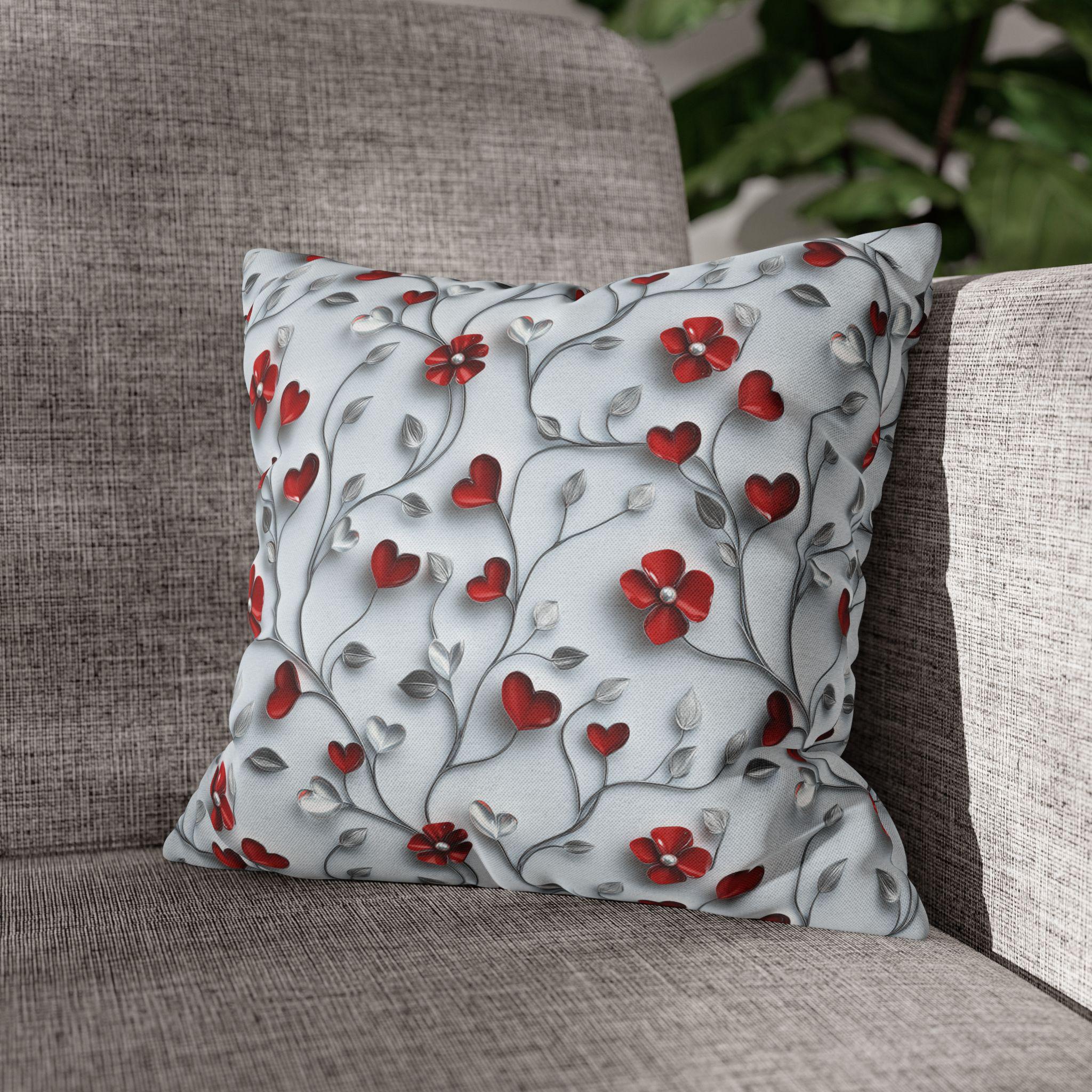 Red Floral Heart Pillow Cover: Romantic Silver Vine Design