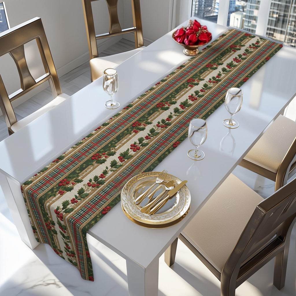 Vintage Inspired Christmas Table Runner: Plaid, Holly, Berry Red (16" x 72"),(16"x90")