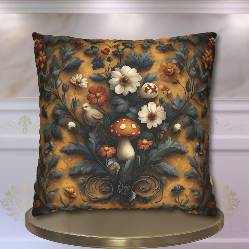 William Morris Inspired Woodland Mushroom Pillow Cover: Autumn Floral Art on Gold Background