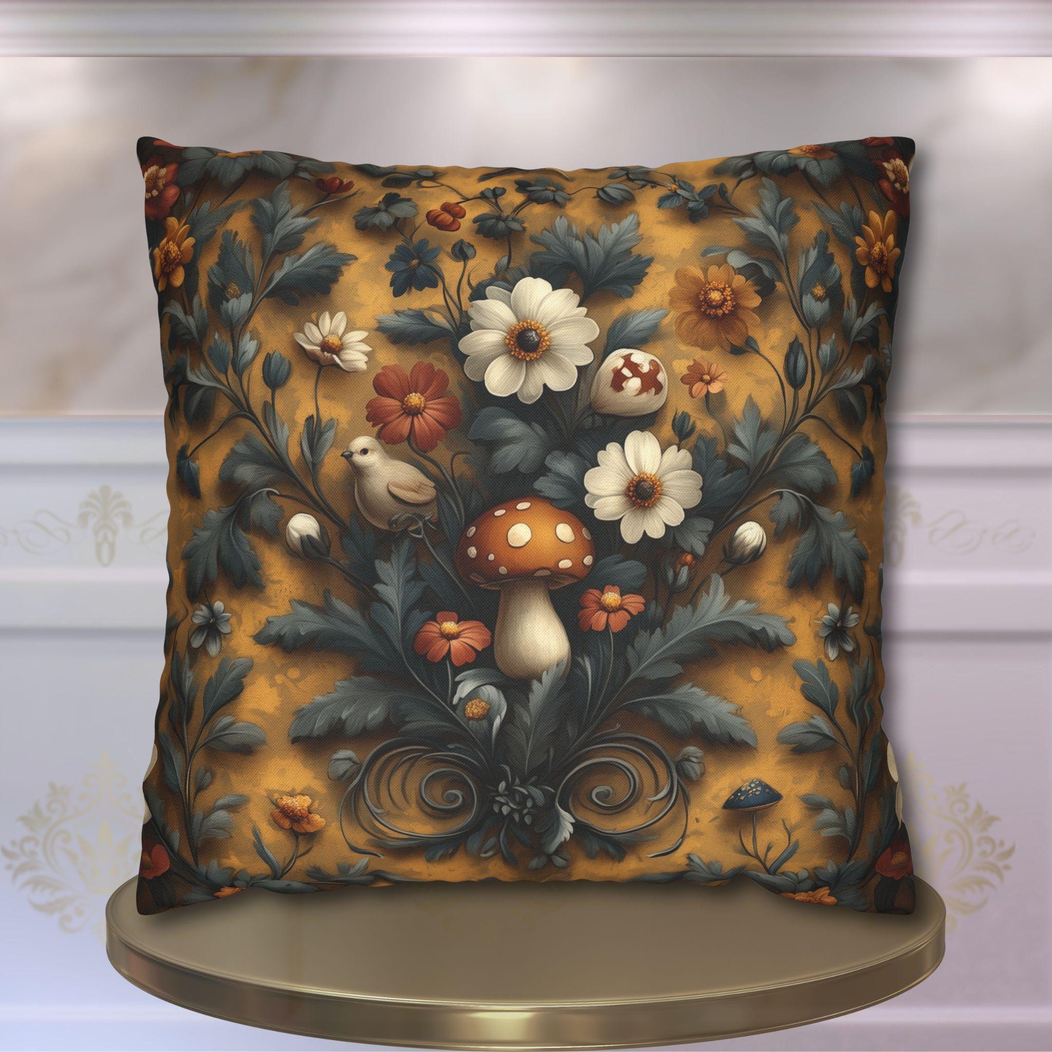 William Morris Inspired Woodland Mushroom Pillow Cover: Autumn Floral Art on Gold Background