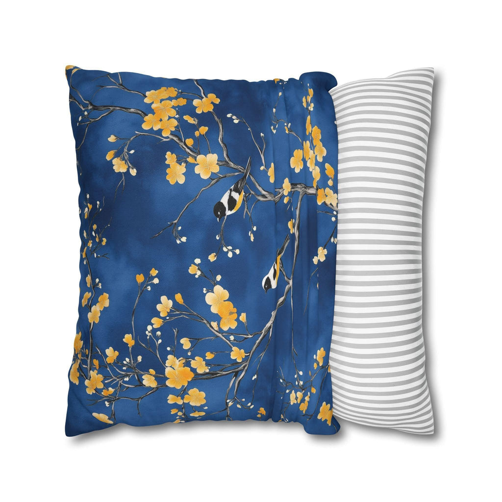 Royal Blue Chinoiserie Pillow Cover: Elegant Asian-Inspired Cushion with Yellow Blossoms and Birds