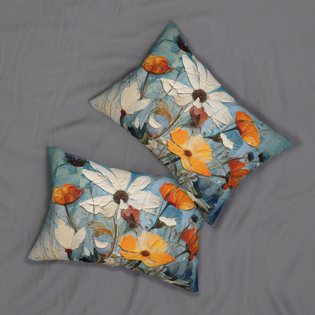 Vintage Style Floral Lumbar Pillow: Blue Wildflower Oil Painting Style