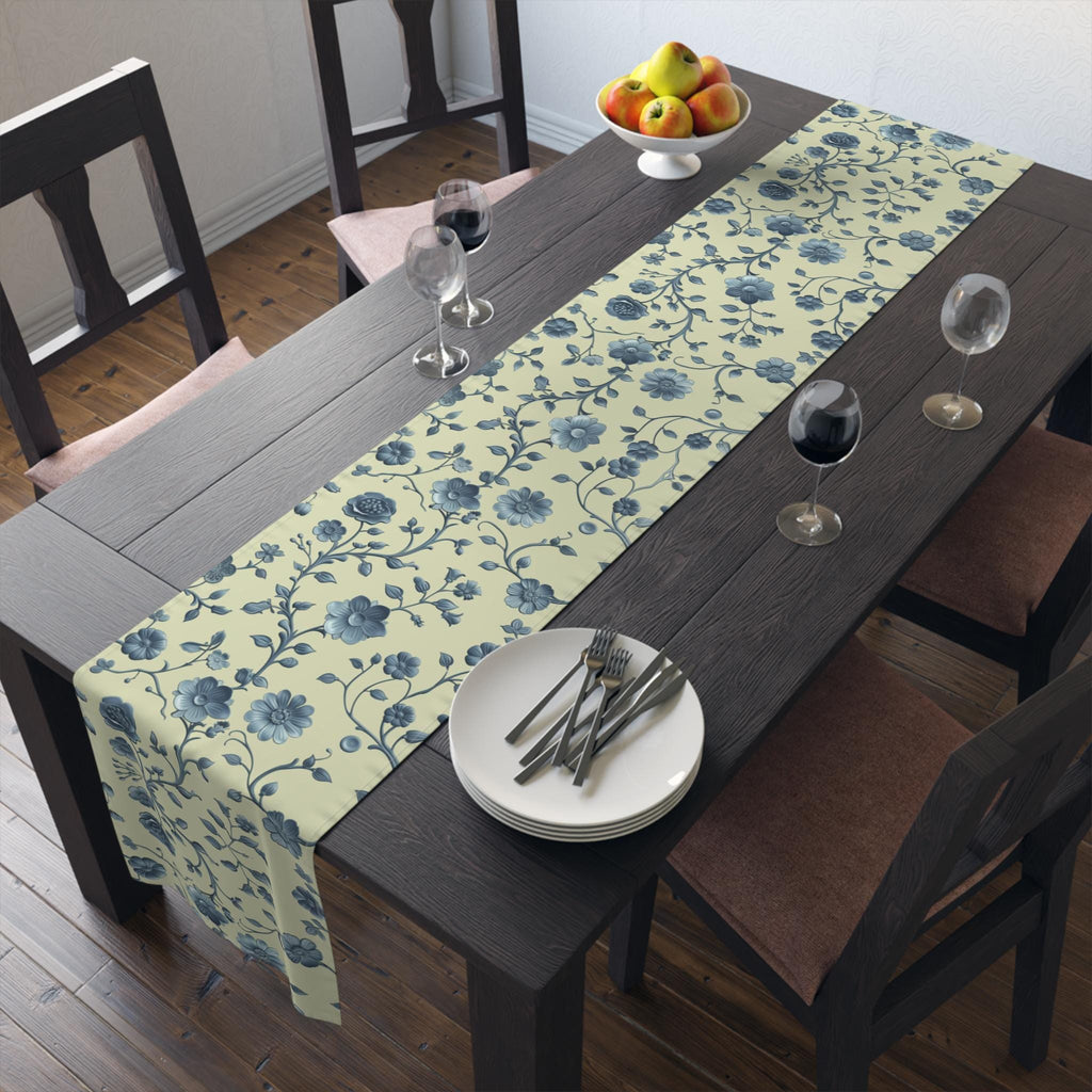 Teal Floral Chinoiserie Table Runner: Elegant Botanical Dining Decor on Buttery Yellow
