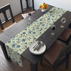 Teal Floral Chinoiserie Table Runner: Elegant Botanical Dining Decor on Buttery Yellow