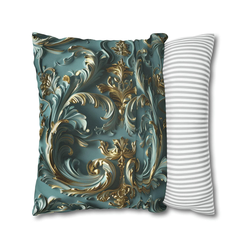 Luxurious Rococo Square Throw Pillow Cover: Teal and Soft Gold Cushion Case