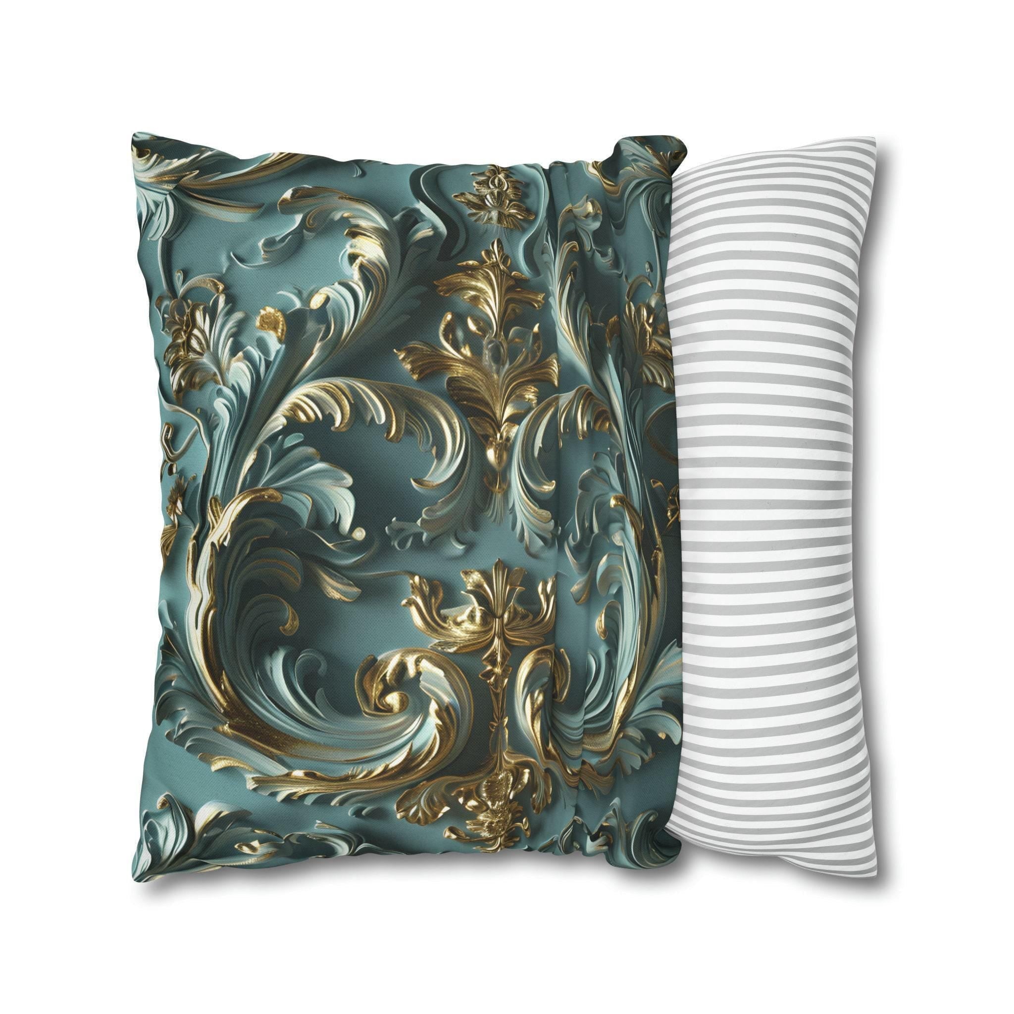 Luxurious Rococo Square Throw Pillow Cover: Teal and Soft Gold Cushion Case