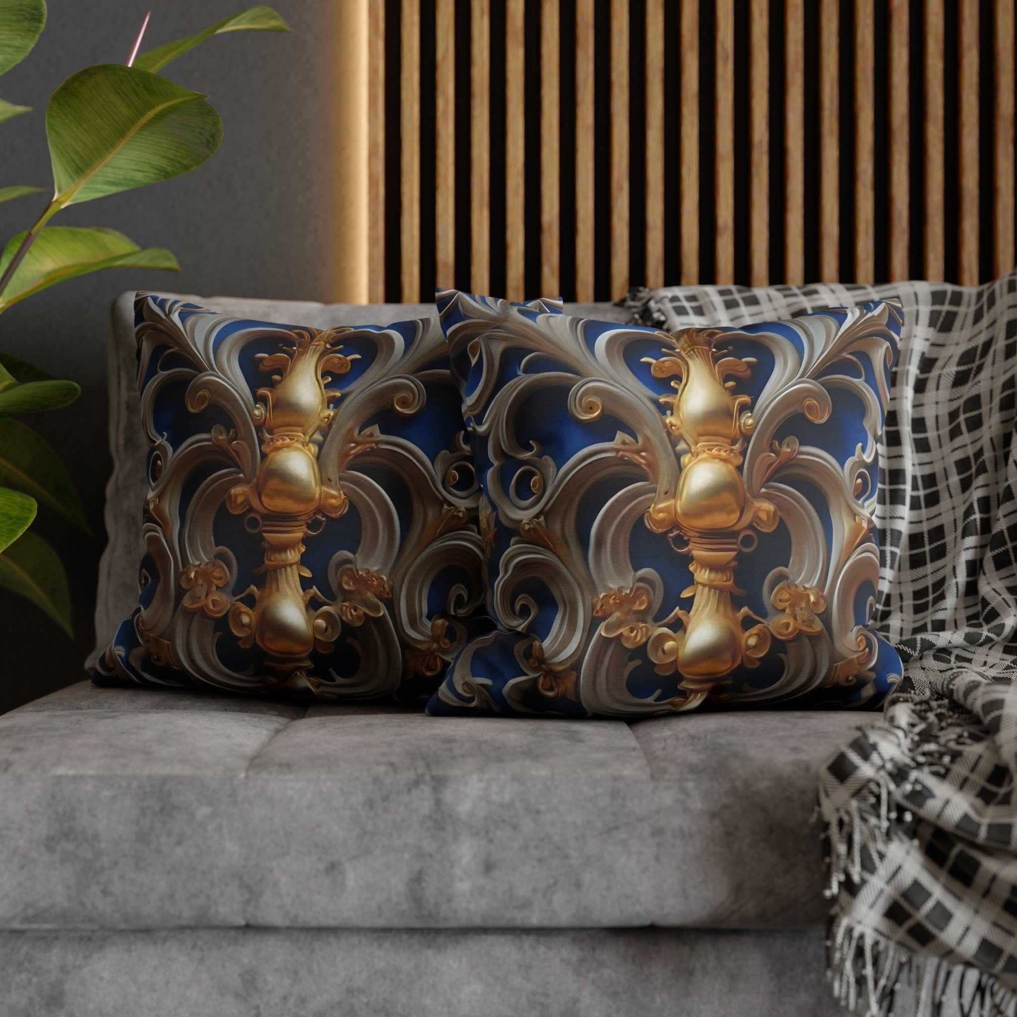 Opulent Baroque-Inspired Blue & Gold Throw Pillow Cover: Luxurious Ornate Symmetrical Design Cushion