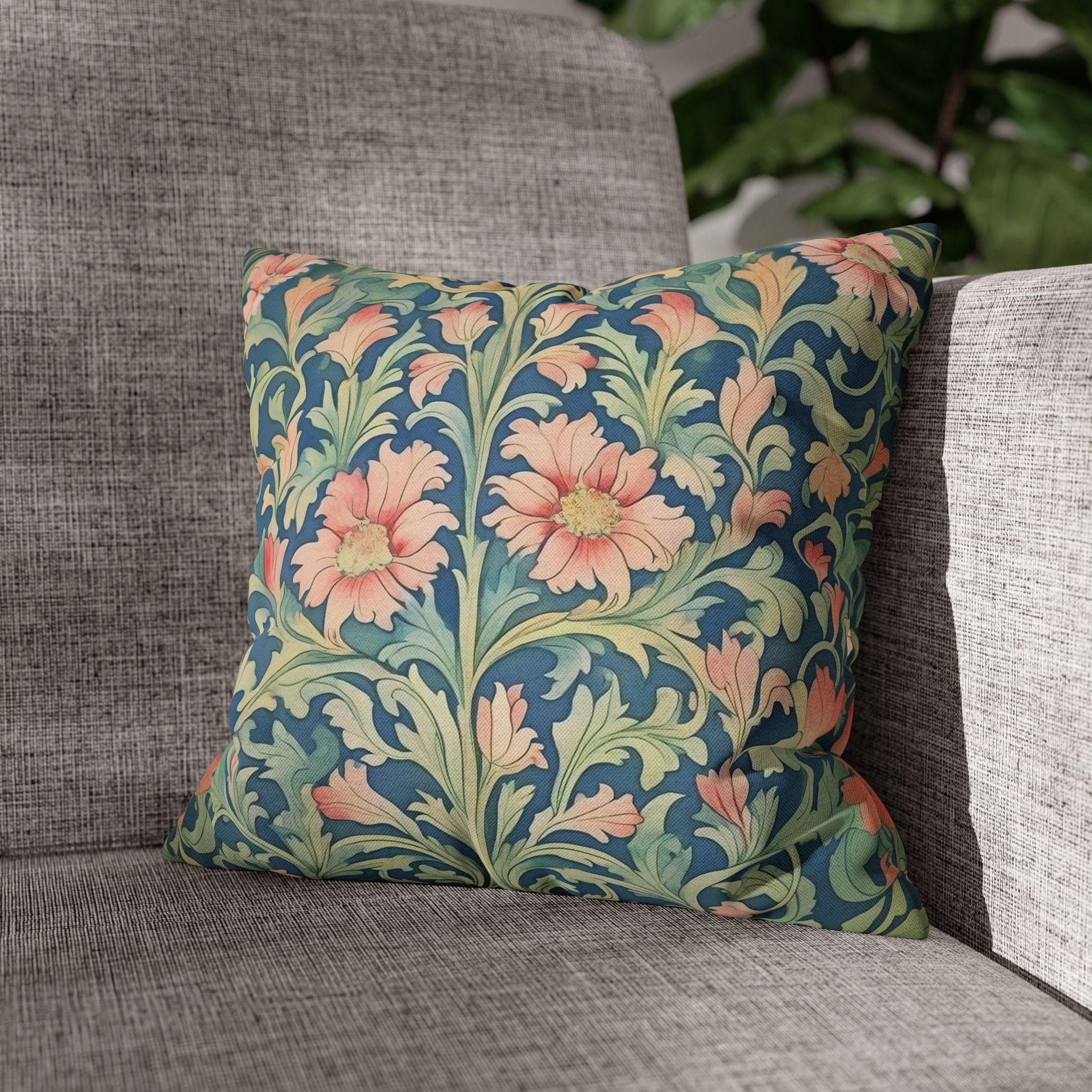 William Morris Pimpernel-Inspired Pillow Cover: Modern Blue & Coral Pink Botanical