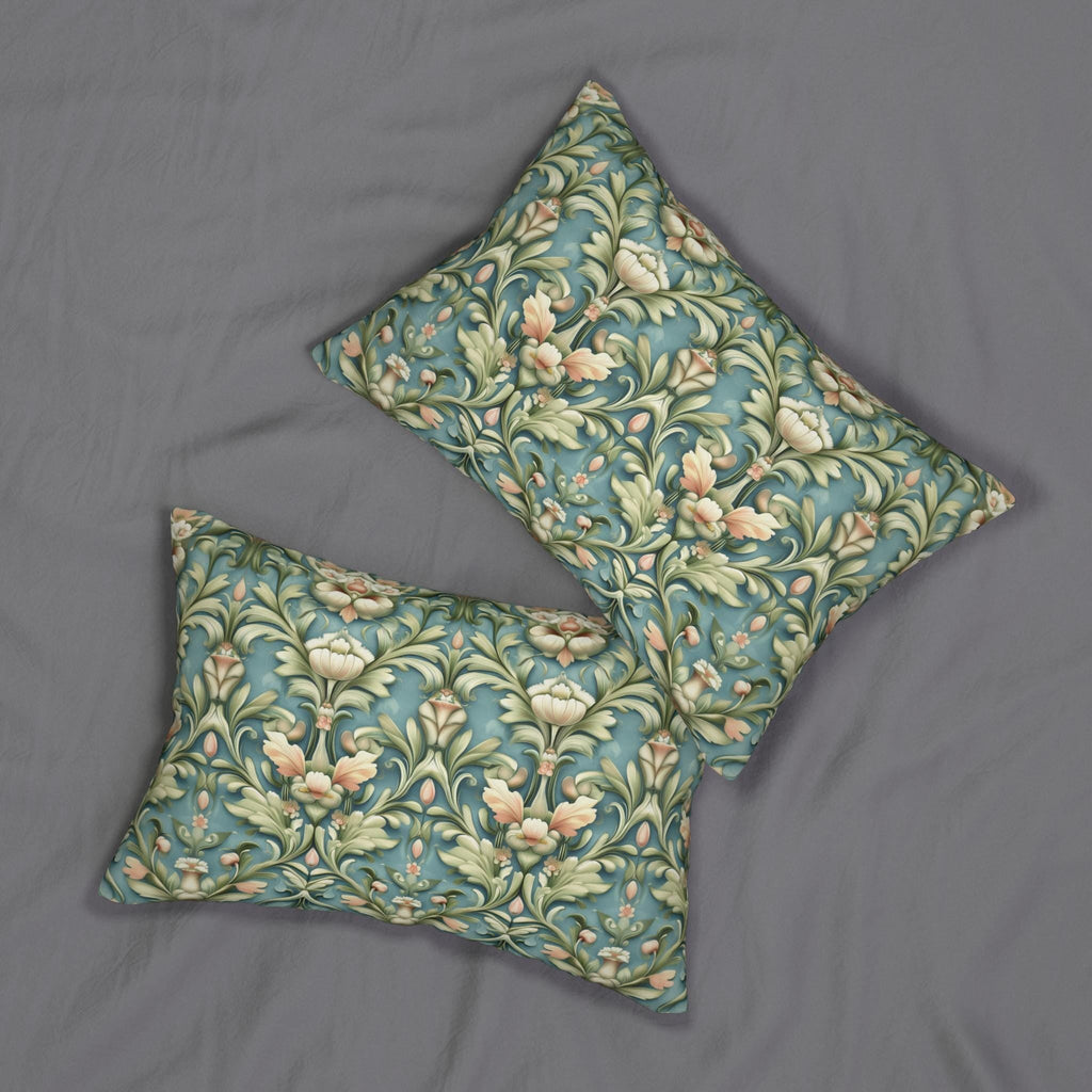 William Morris Lumbar Pillow: Teal Botanical Floral Cushion