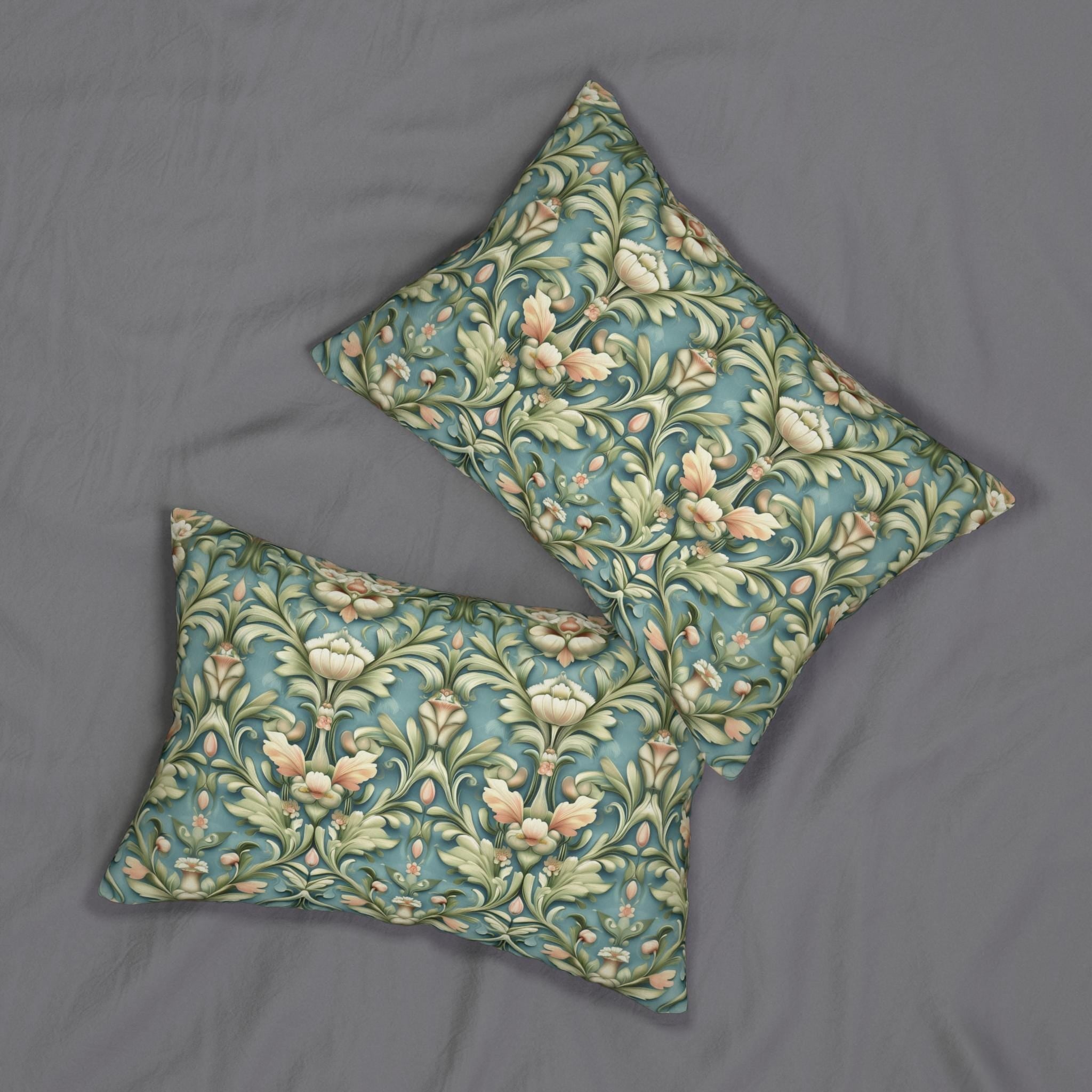 William Morris Lumbar Pillow: Teal Botanical Floral Cushion