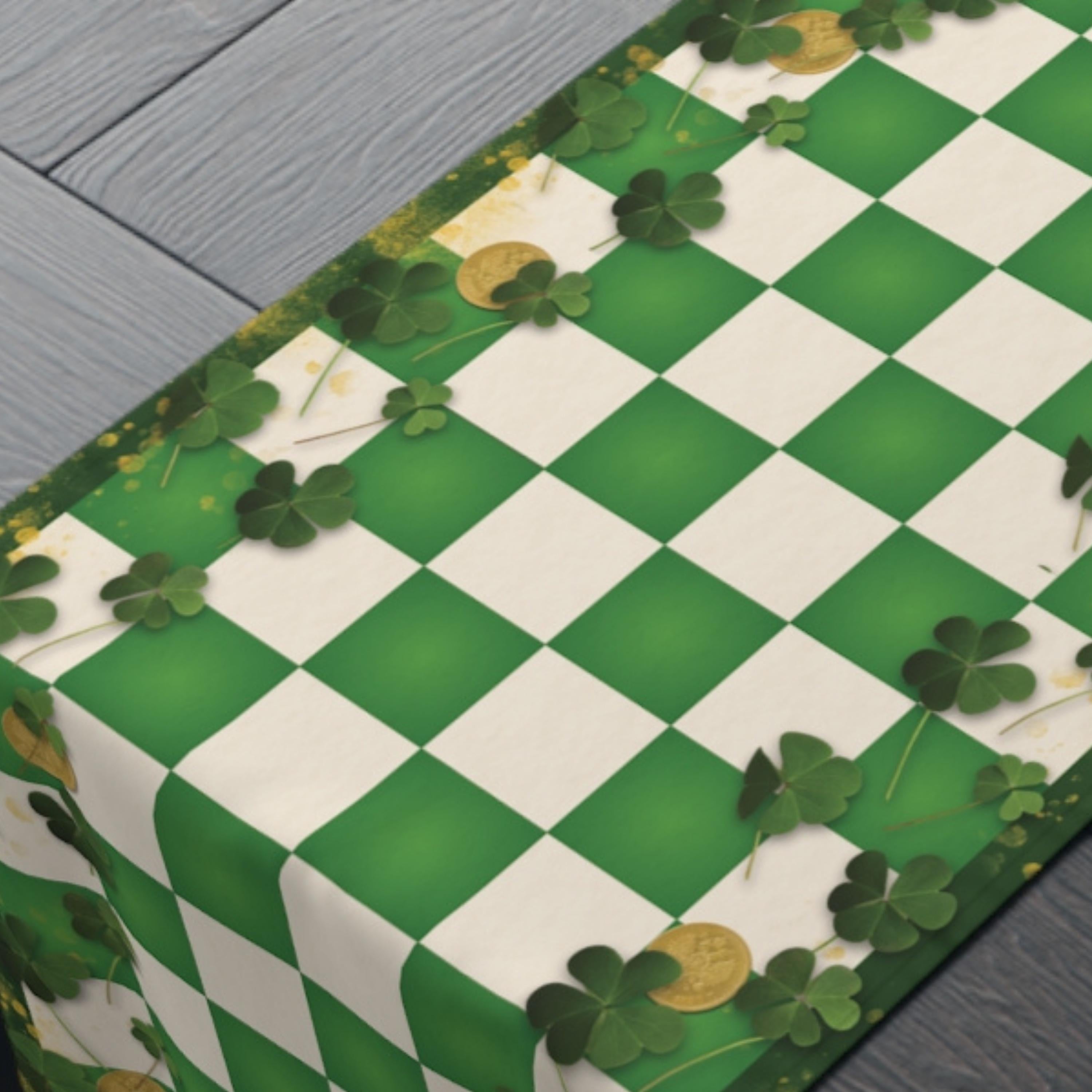St Patricks Day Shamrock & Gold Coin Checkered Table Runner