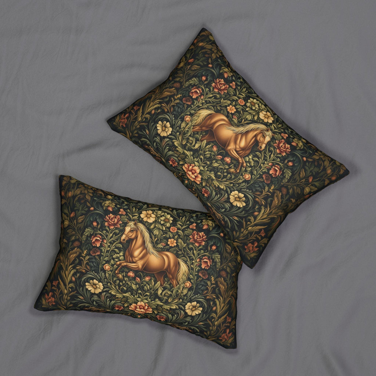 Horse Lumbar Pillow: William Morris Inspired  Golden Equestrian Botanical Floral