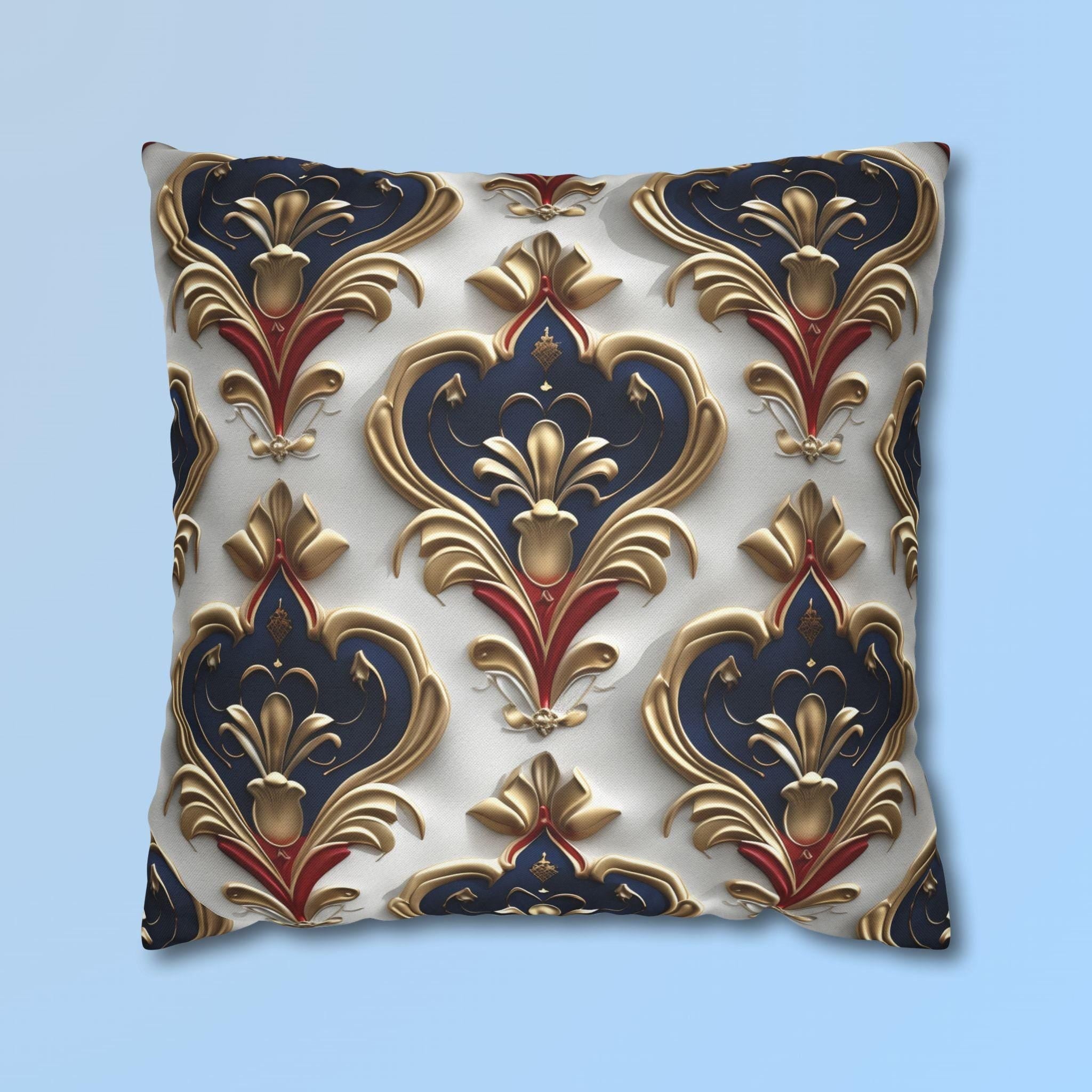 Baroque Pillow Cover: Navy, Gold & Red Fleur-de-Lis Design