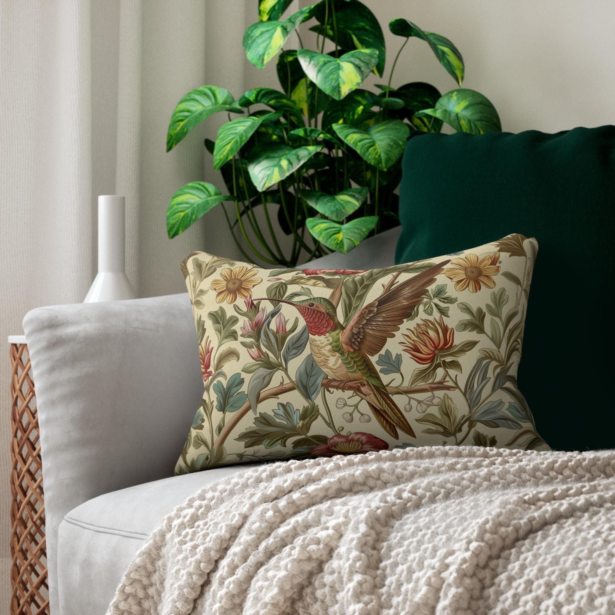 William Morris Hummingbird Lumbar Pillow: Vintage Style Botanical Bird Floral Accent