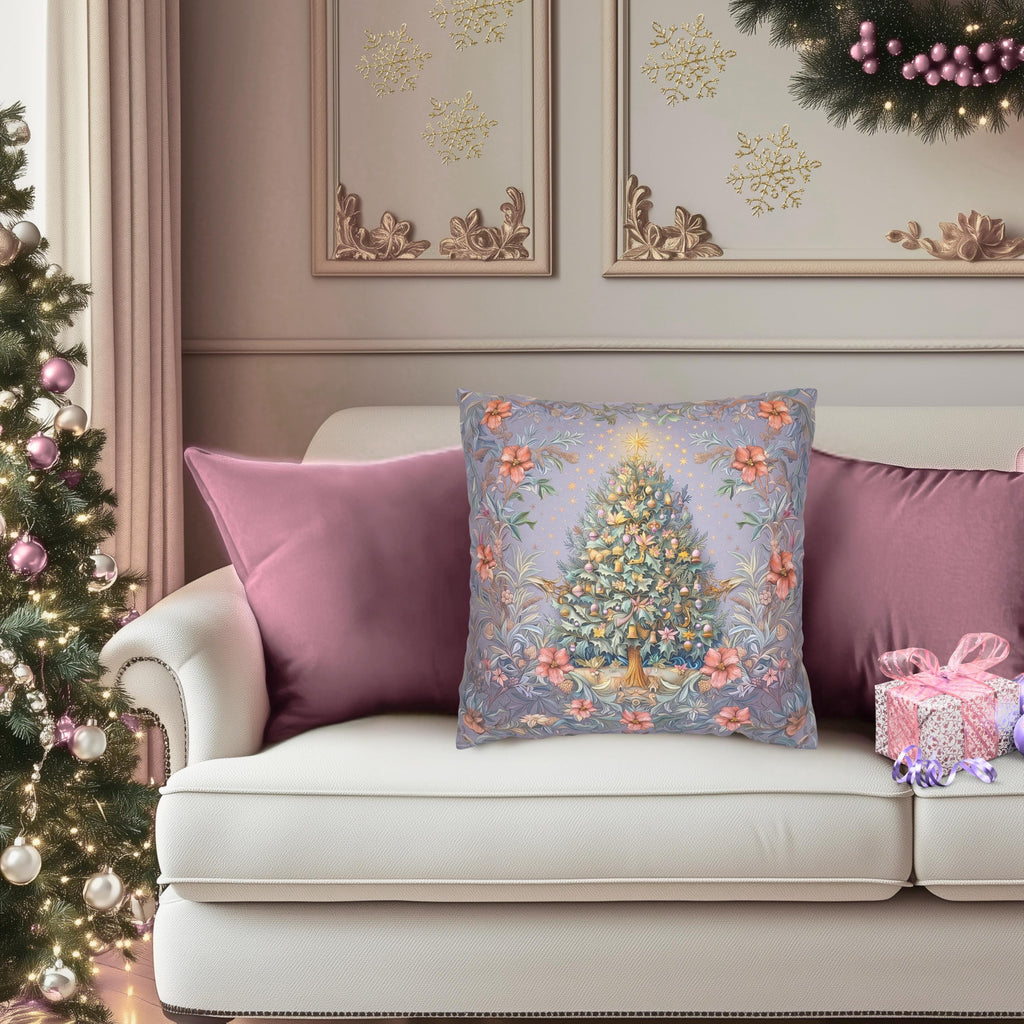 William Morris Christmas Pillow Cover: Frosted Pastel Tree, Lilac and Pink Botanical Holiday