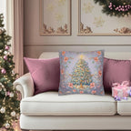 William Morris Christmas Pillow Cover: Frosted Pastel Tree, Lilac and Pink Botanical Holiday