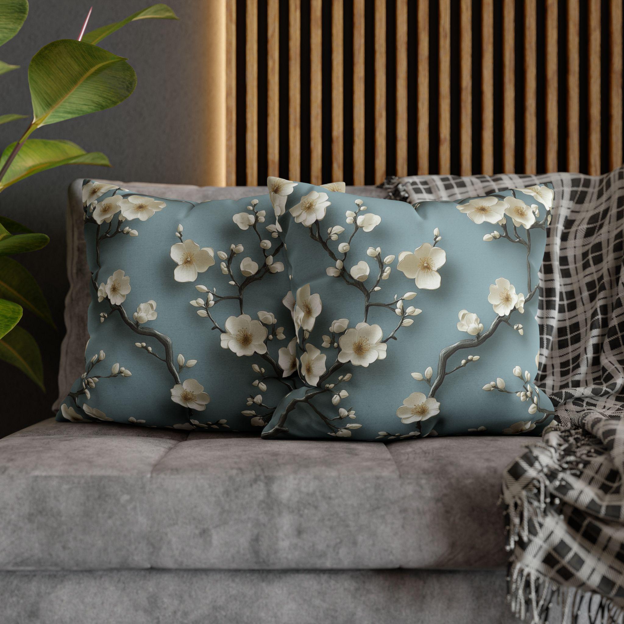 Elegant Chinoiserie Pillowcase: Blue-Teal Gradient Cherry Blossom Design for Home Decor