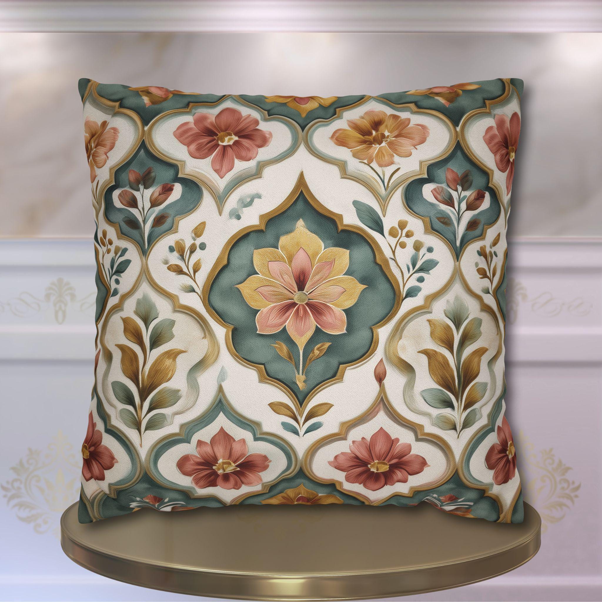 Moroccan Floral Pillow Cover: Teal, Terracotta, Gold Medallion Design