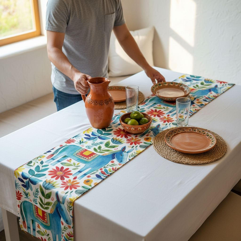 Otomi Table Runner: Blue Donkey Mexican Style Folk Art Floral Decor