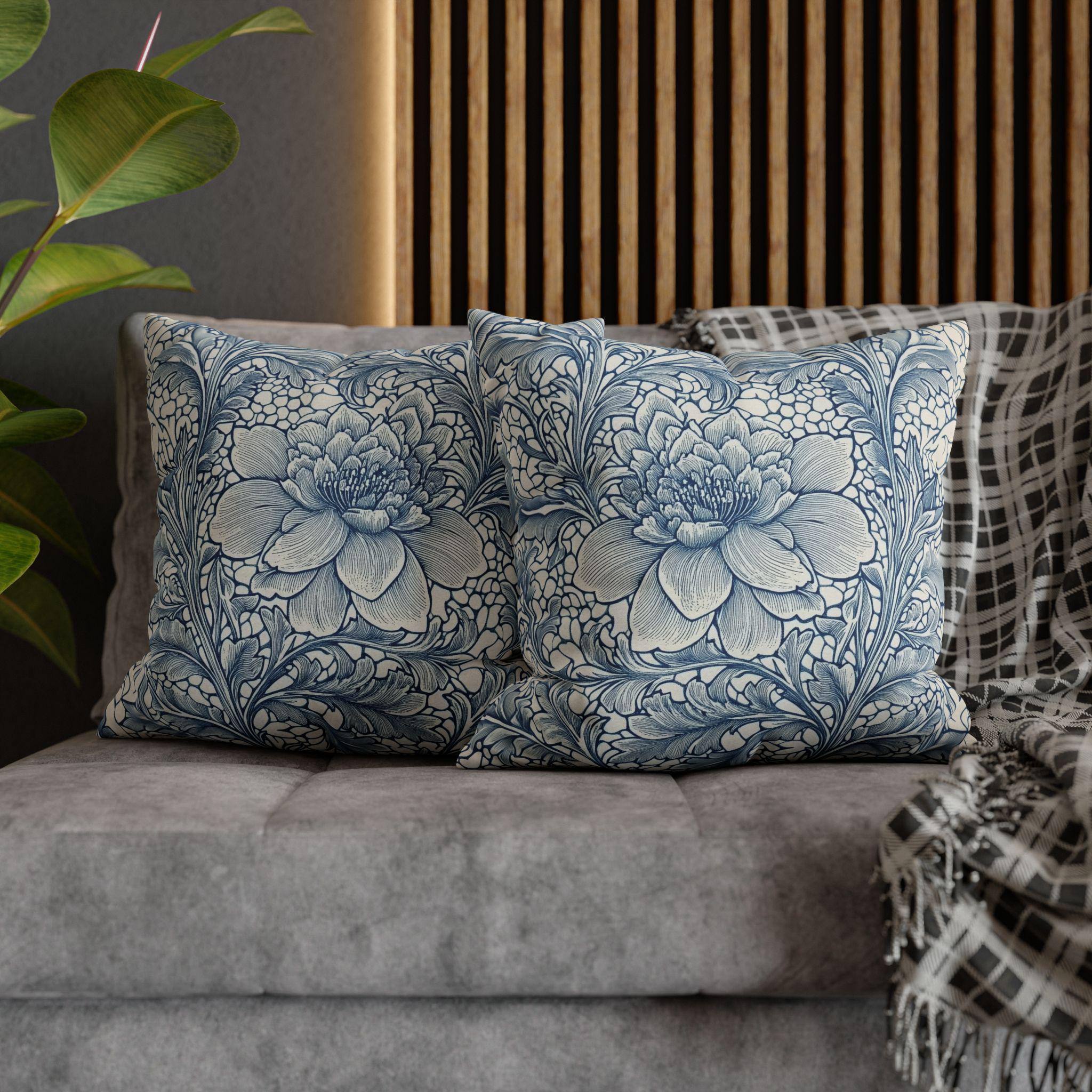 William Morris Inspired Blue Floral Pillow Cover: Vintage Botanical Home Decor Accent
