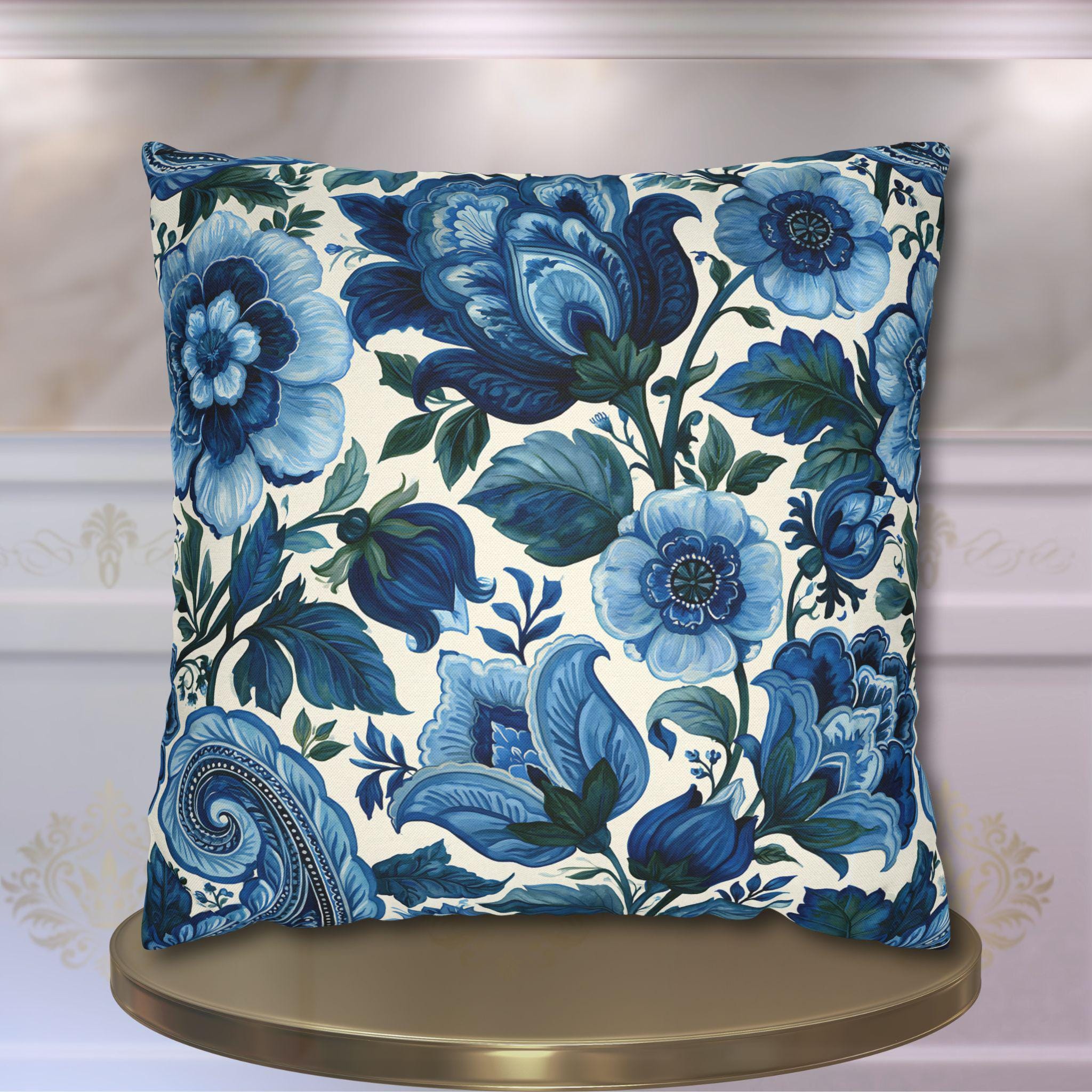Blue and White Botanical Pillow Cover: Stylized Floral Vine Design