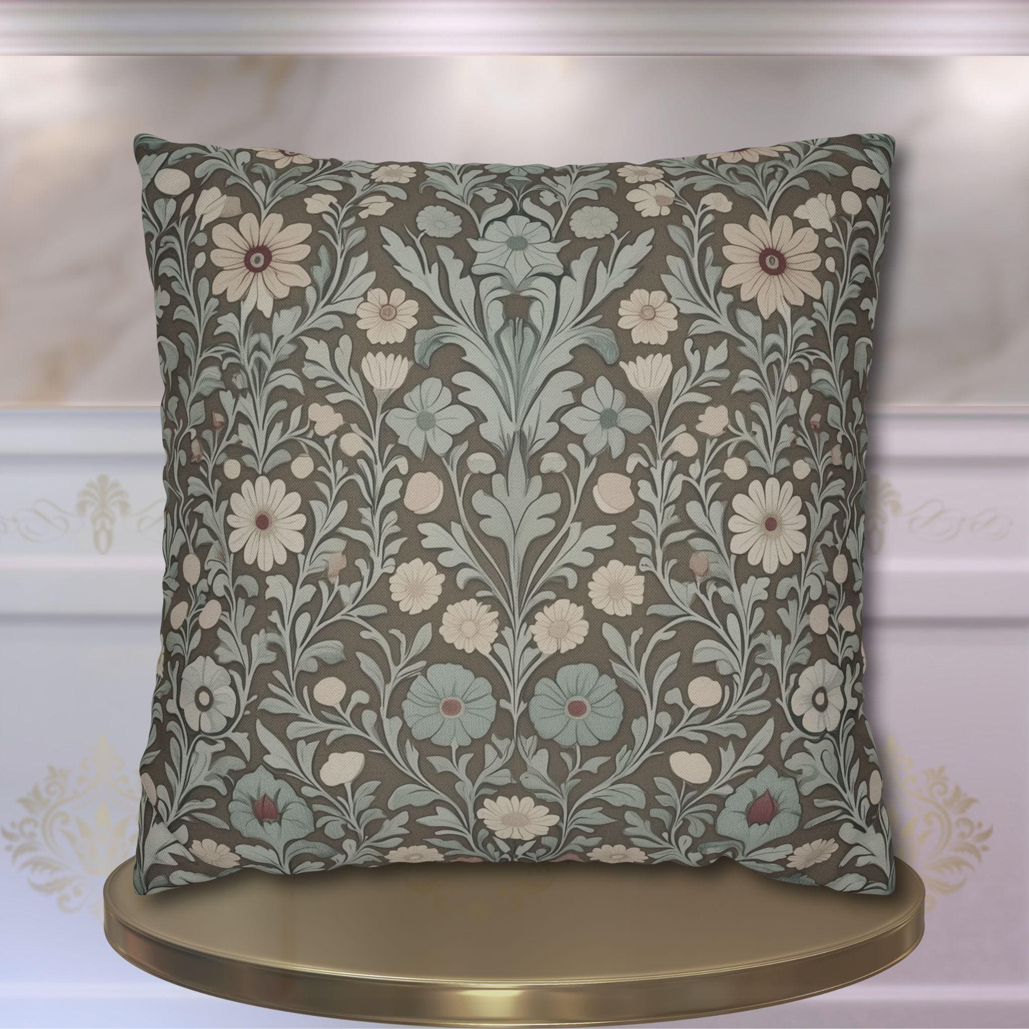 William Morris Inspired Botanical Pillow Cover: Soft Sage, Taupe, Blush Floral Print Accent Case