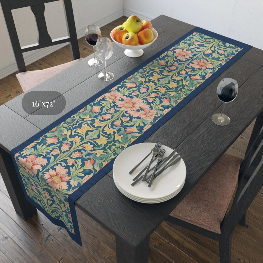 William Morris Pimpernel-Inspired Table Runner: Modern Blue & Coral Pink Botanical