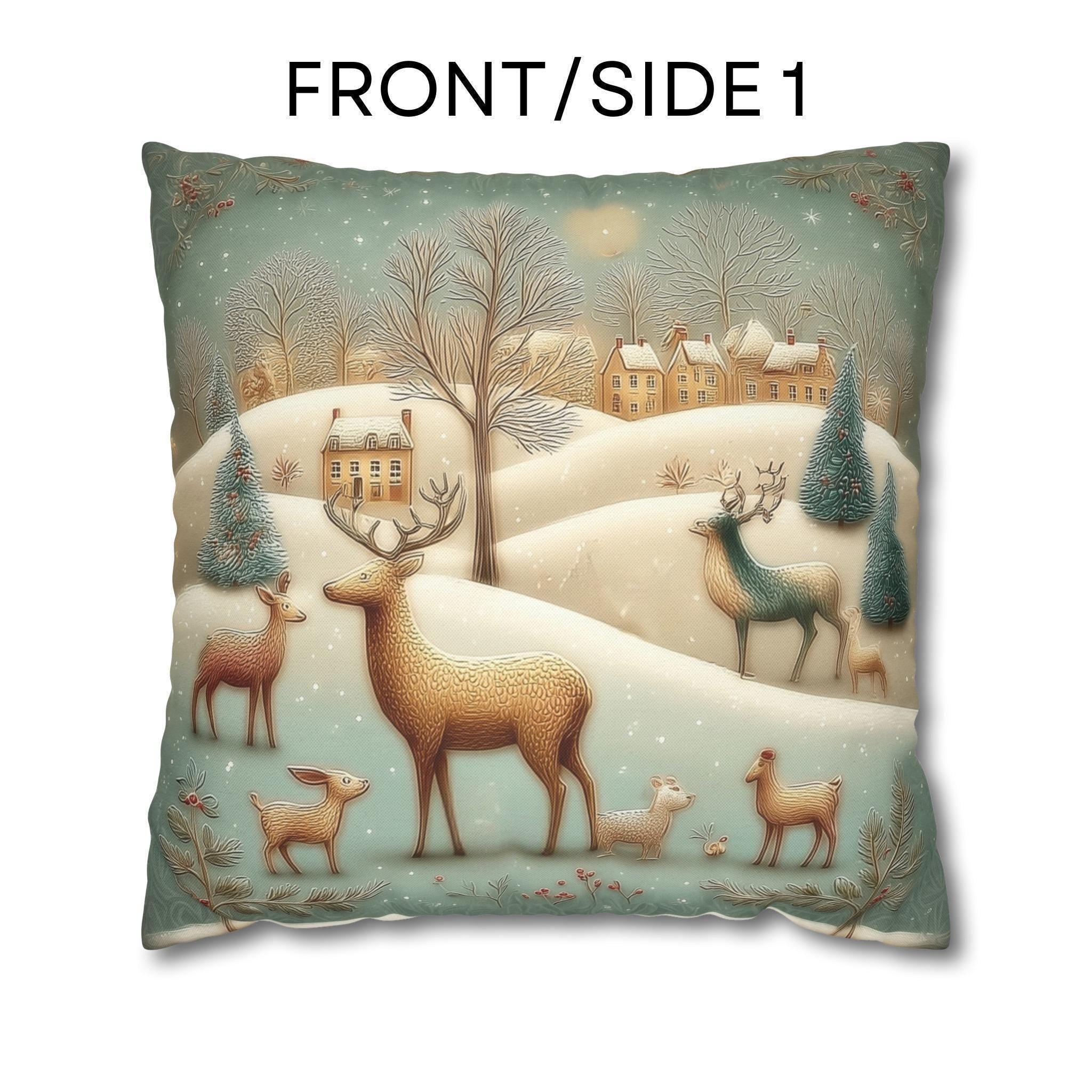 Whimsical Woodland Christmas Pillow Cover: Storybook Deer & Snowy Village