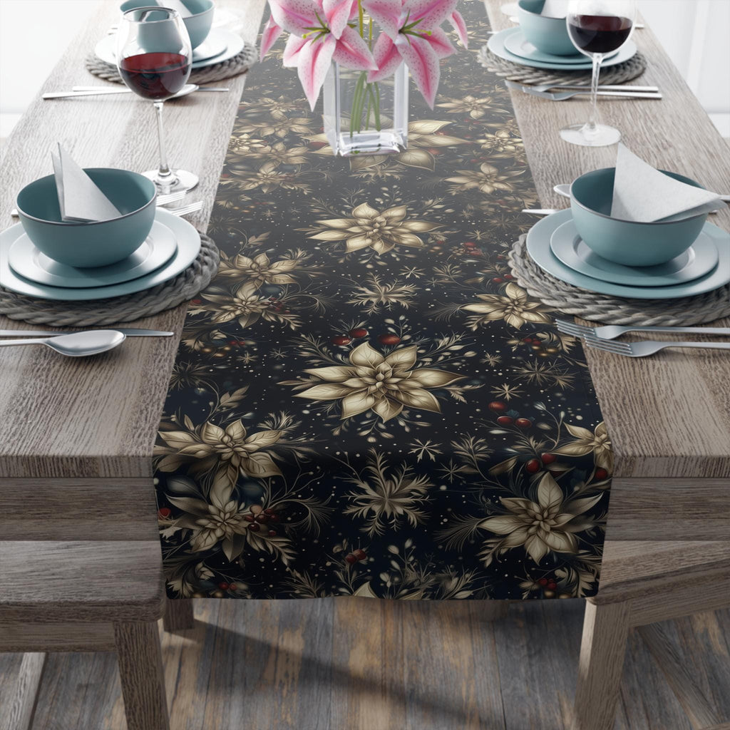 Navy Blue Holiday Table Runner: Golden Poinsettia Design