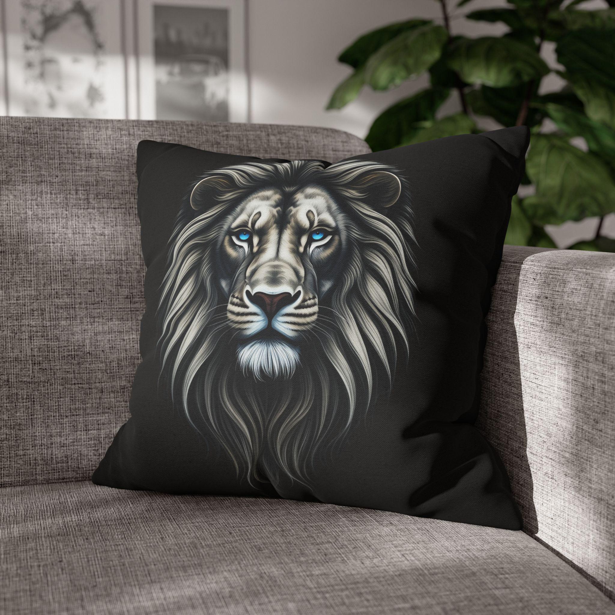 Midnight Mane Lion Pillow Cover: Ice-Blue Gaze Edition