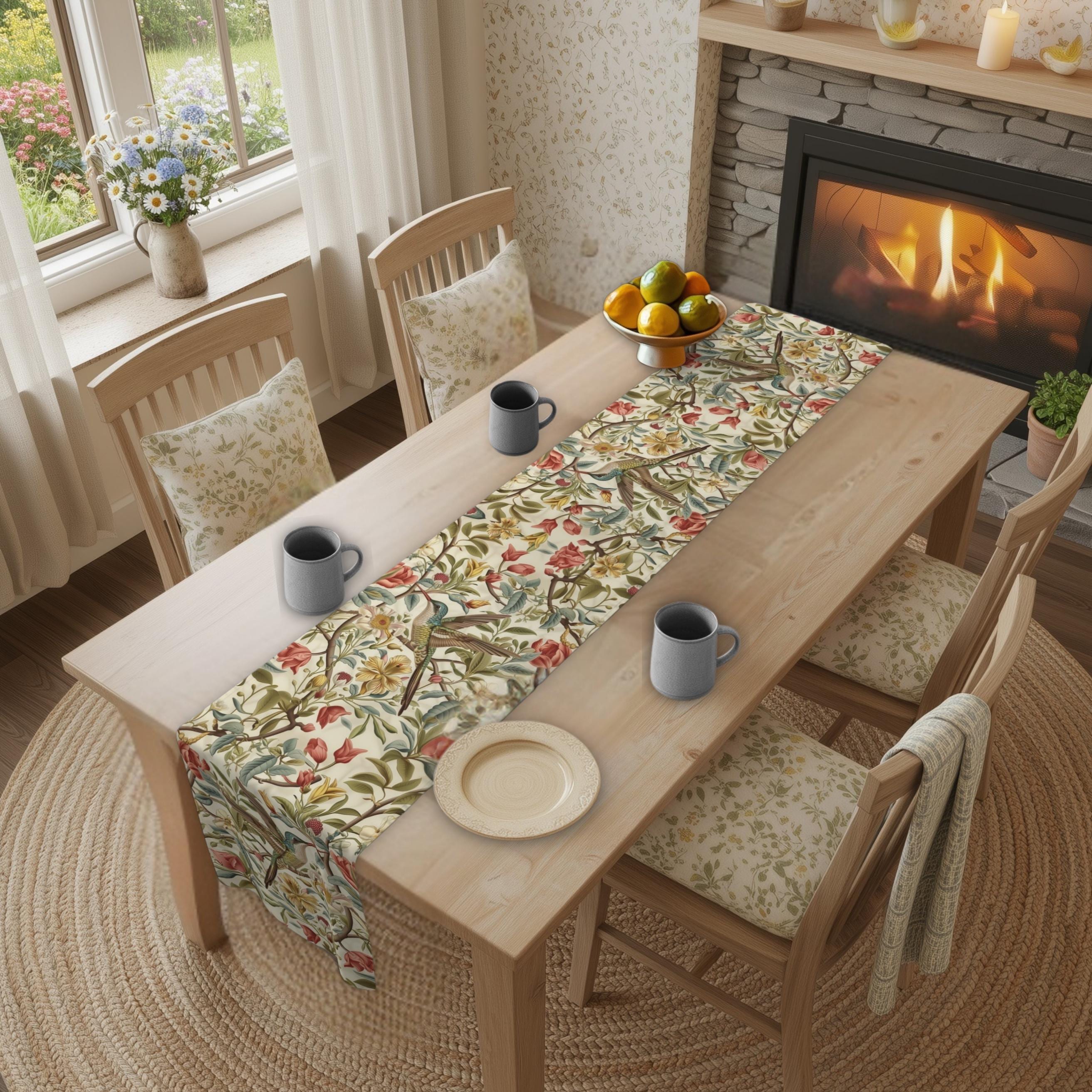 Elegant William Morris Hummingbird Floral Table Runner: Vintage Botanical Decor